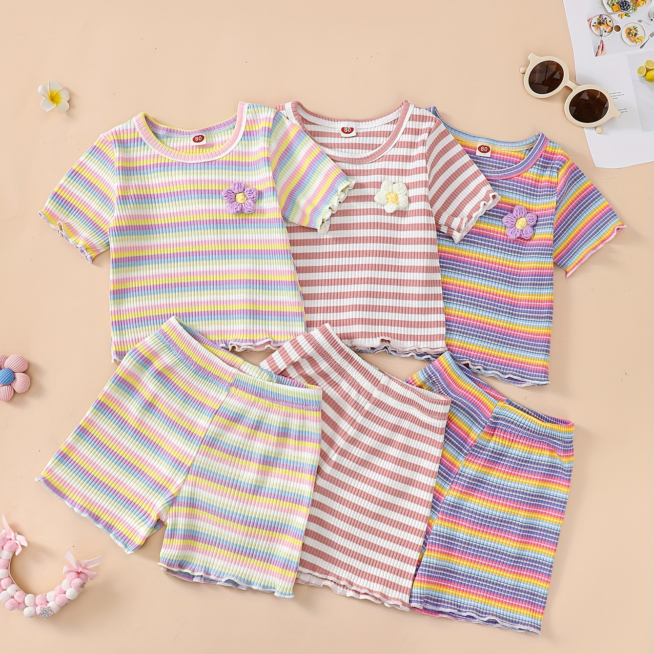 

Baby's Rainbow Color Stripe Pattern 2pcs Cotton Summer Outfit, Flower Decor Ribbed T-shirt & Shorts Set, Toddler & Infant Girl's Clothes For Daily/holiday, As Gift