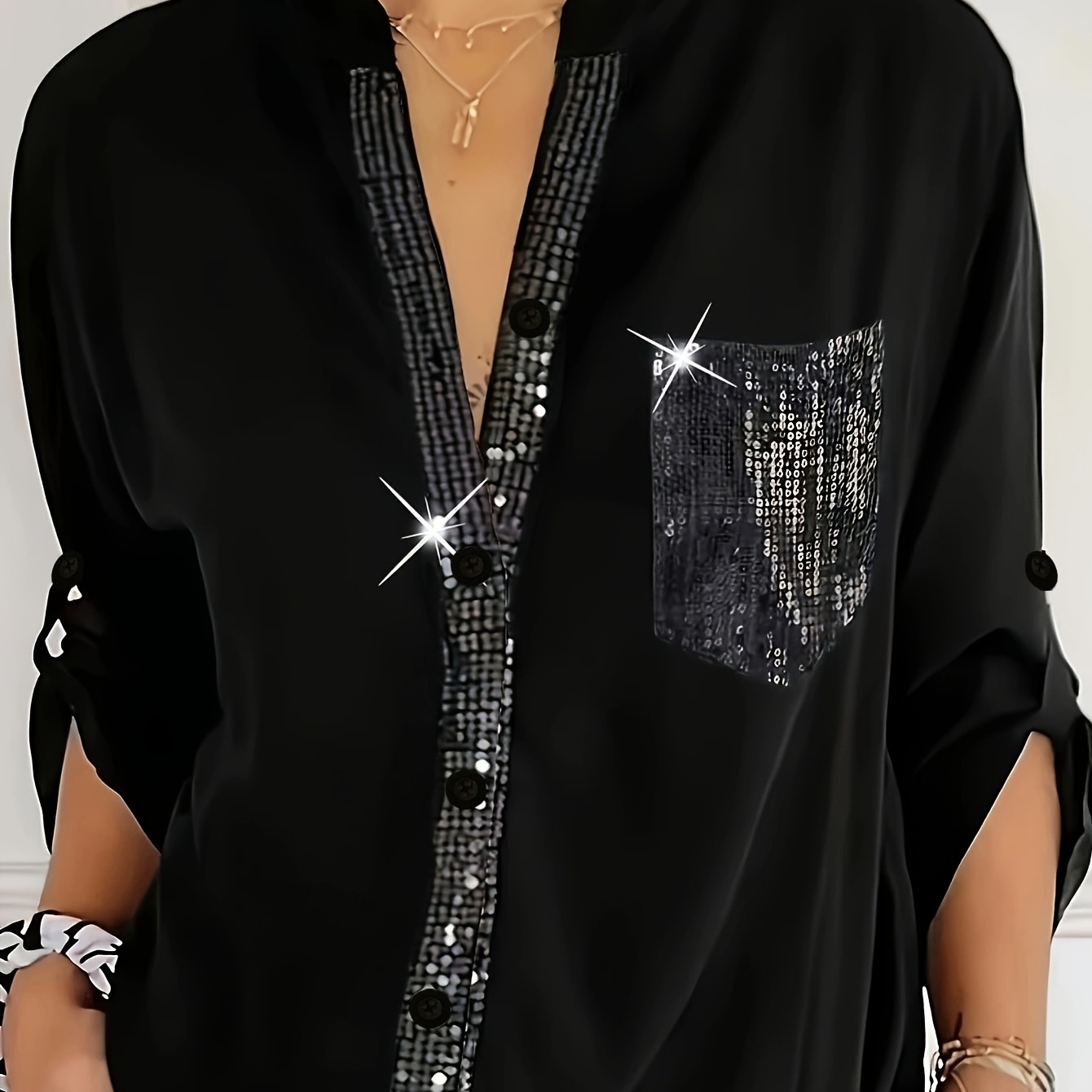 

Polyester V-neck Blouse With Sequin Detail, Solid Color Long Sleeve Shirt, Casual Loose Fit For Women, Spring/fall Season, Stylish Irregular Hem, Elegant Sequined Patch, Woven Button-up Shirt