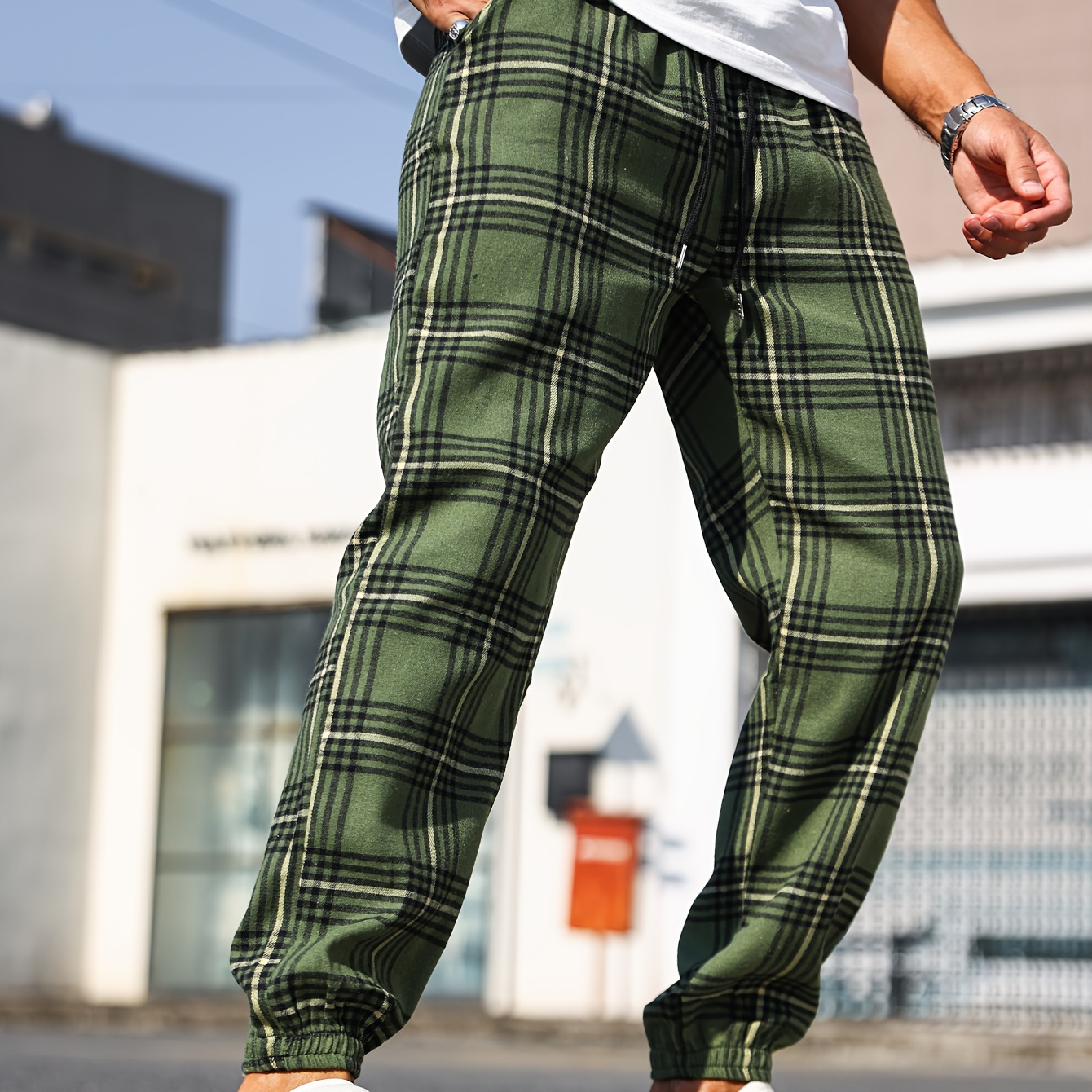 

Men's Polyester Pants Casual Drawstring Waist Sports Trousers With Pockets - Loose Fit Woven Joggers With Belt - Weekend Casual Fashion Tartan Track Pants