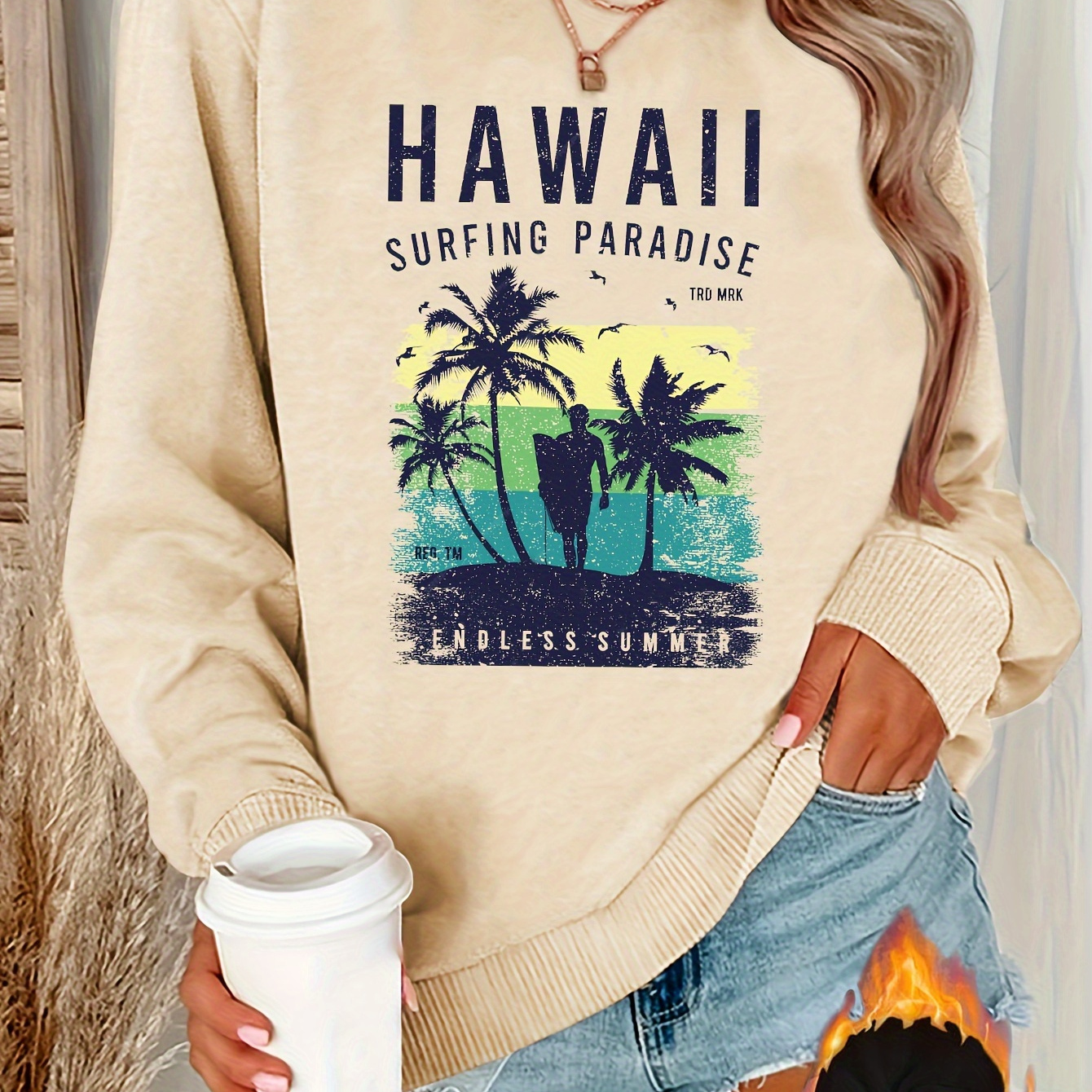 

Hawaii Print Sweatshirt, Crew Neck Casual Sweatshirt For Winter & Fall, Women's Clothing