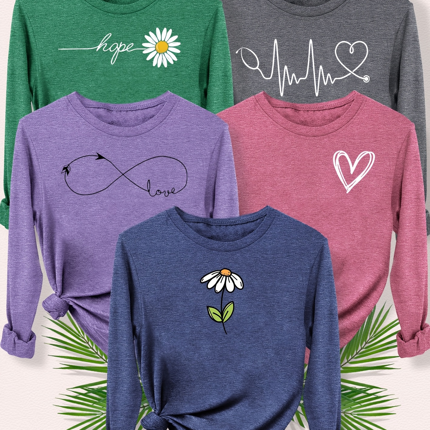 

5-pack Women's Casual Crew Neck Long Sleeve T-shirts, Floral & Heart Print, Polyester With Medium Stretch, All Season Knit Fabric Tops, Sizes S-xxl