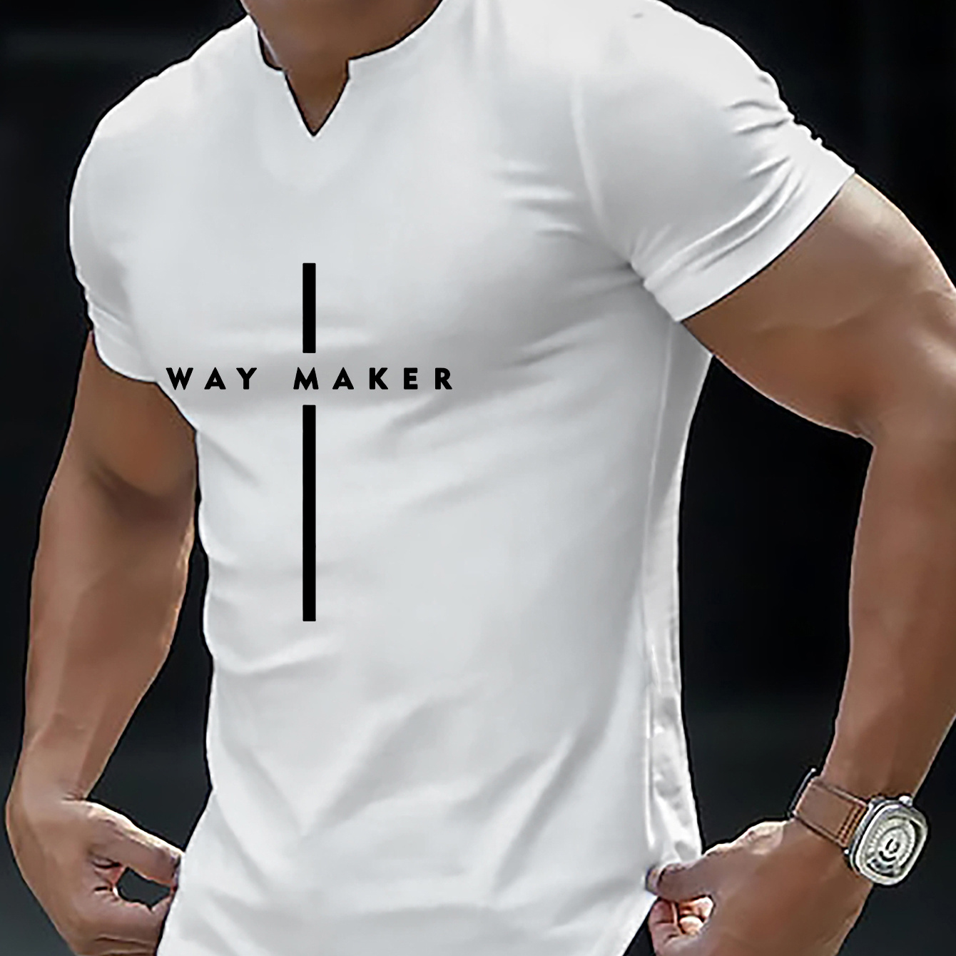 

T-shirt Confortable À Col En V Pour Hommes, Vêtements D'été Décontractés Pour Hommes, Imprimé « WAY MAKER » Et Motif Croix, Cadeau Pour Hommes