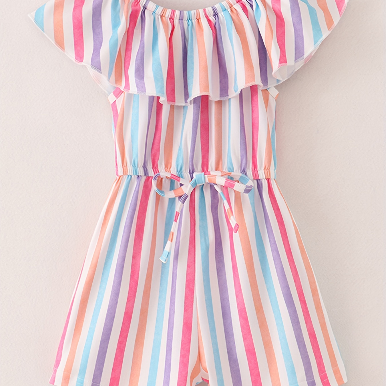 

Sweet Girls Rainbow Striped Ruffle Trim Bow Belted Jumpsuit Romper For Summer Party