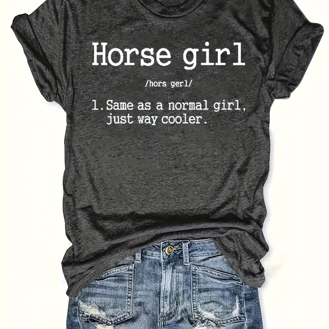 

T-shirt à imprimé de lettres de fille à cheval, haut décontracté à col rond à manches courtes, vêtements d'été pour femmes