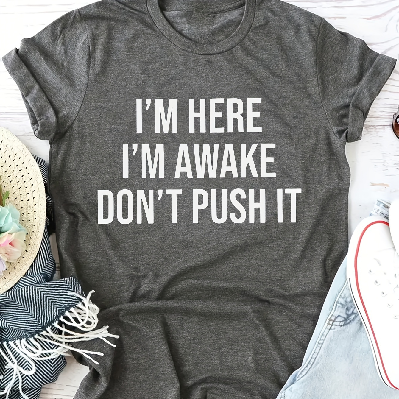 

I'm Awake Letter Print T-shirt, Short Sleeve Crew Neck Casual Top For Summer & Spring, Women's Clothing