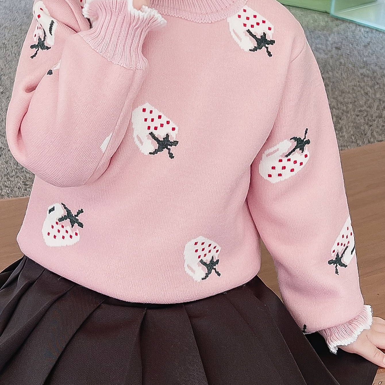 

Sweet Lettuce Collar Sweater For Girls, Strawberry Pattern Thick Long Sleeve Pullover With Thermal Lined, Warm & Comfy