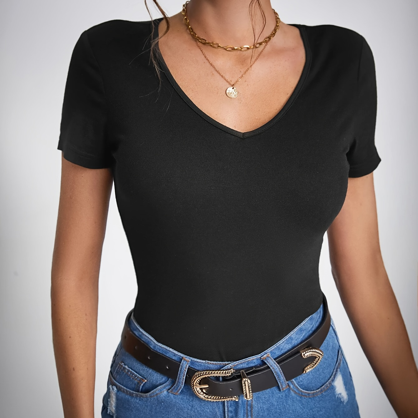 

Solid Color V Neck T-shirt, Short Sleeve Casual Top For Summer & Spring, Women's Clothing