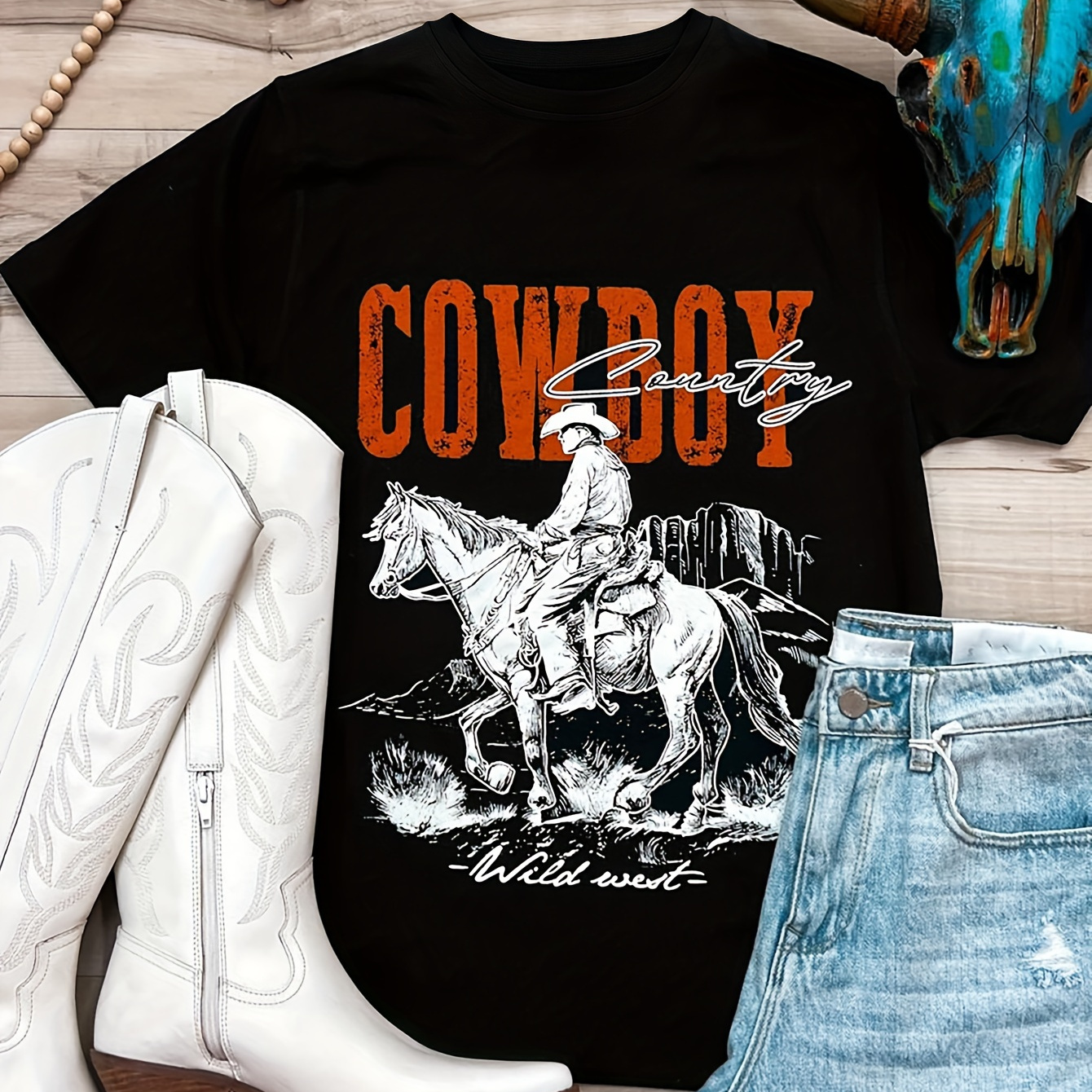 

Cowboy Print T-shirt, Short Sleeve Crew Neck Casual Top For Summer & Spring, Women's Clothing