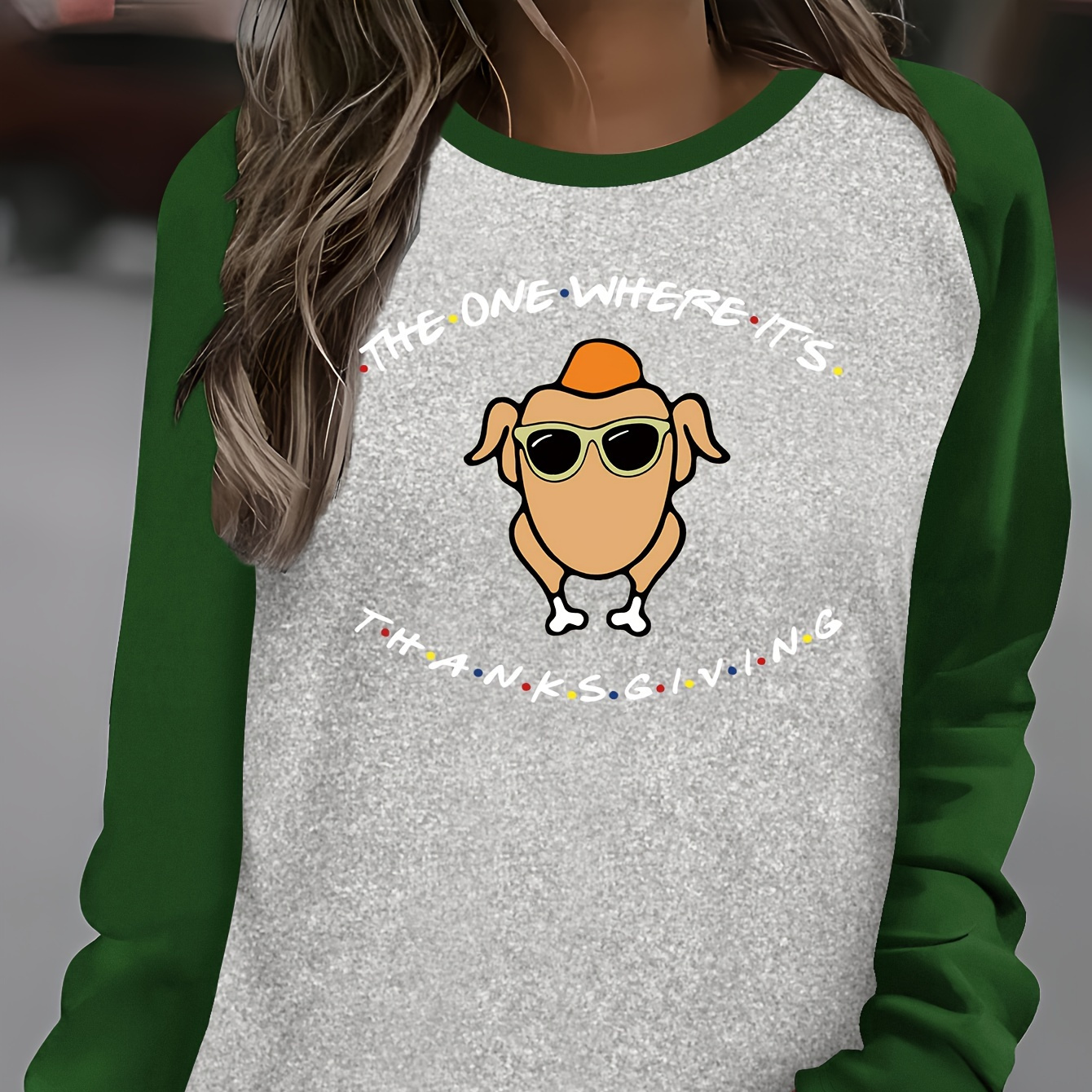 

Casual Crew Neck Long Sleeve T-shirt With Thanksgiving Turkey Applique - Polyester Knit Fabric With Spandex, Alphabet Print, Regular Fit For All Seasons