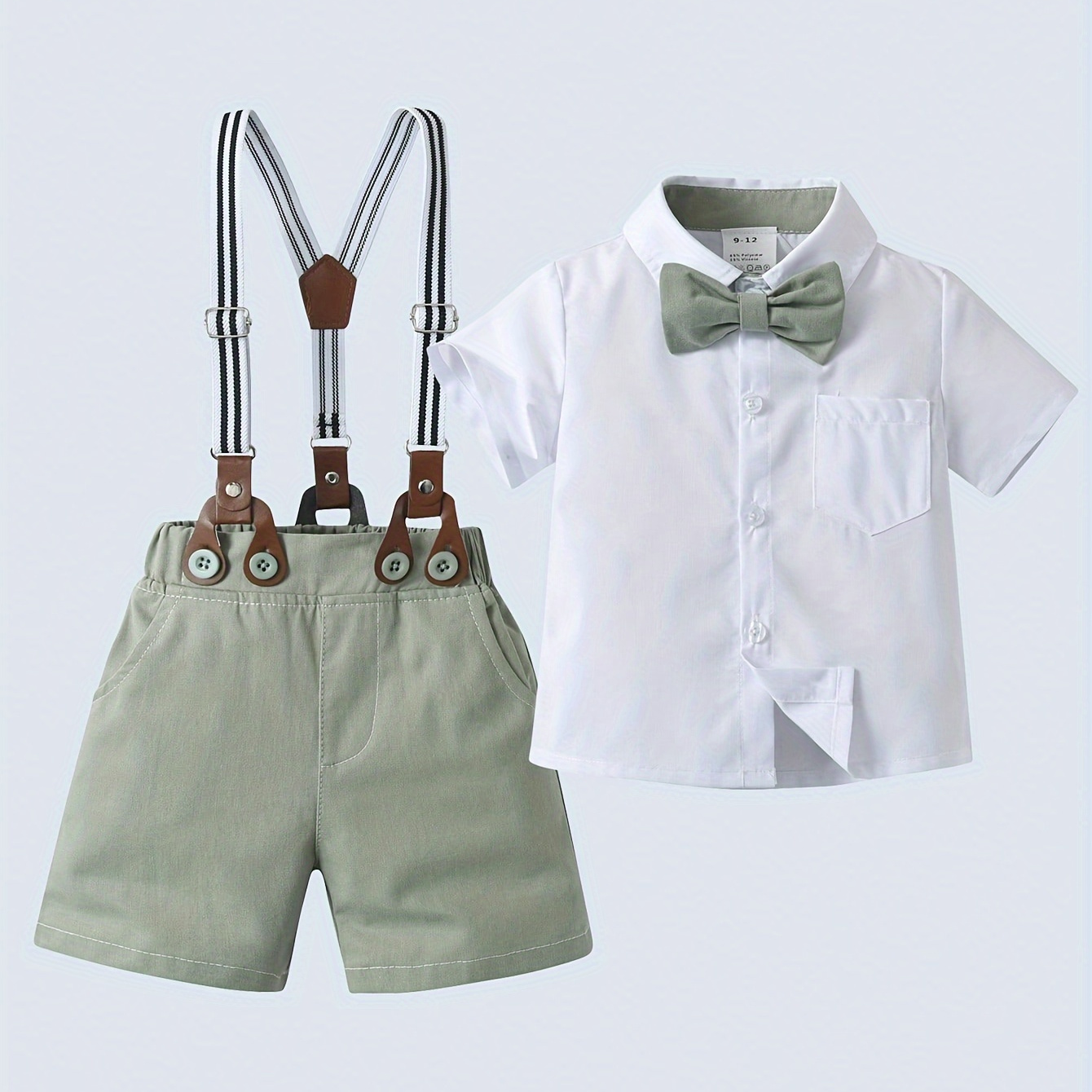 

2pcs Gentleman Outfit For Toddlers, Bowtie Shirt & Green Bib Shorts Set, Formal Wear For Photography Birthday Party, Baby Boy's Clothes