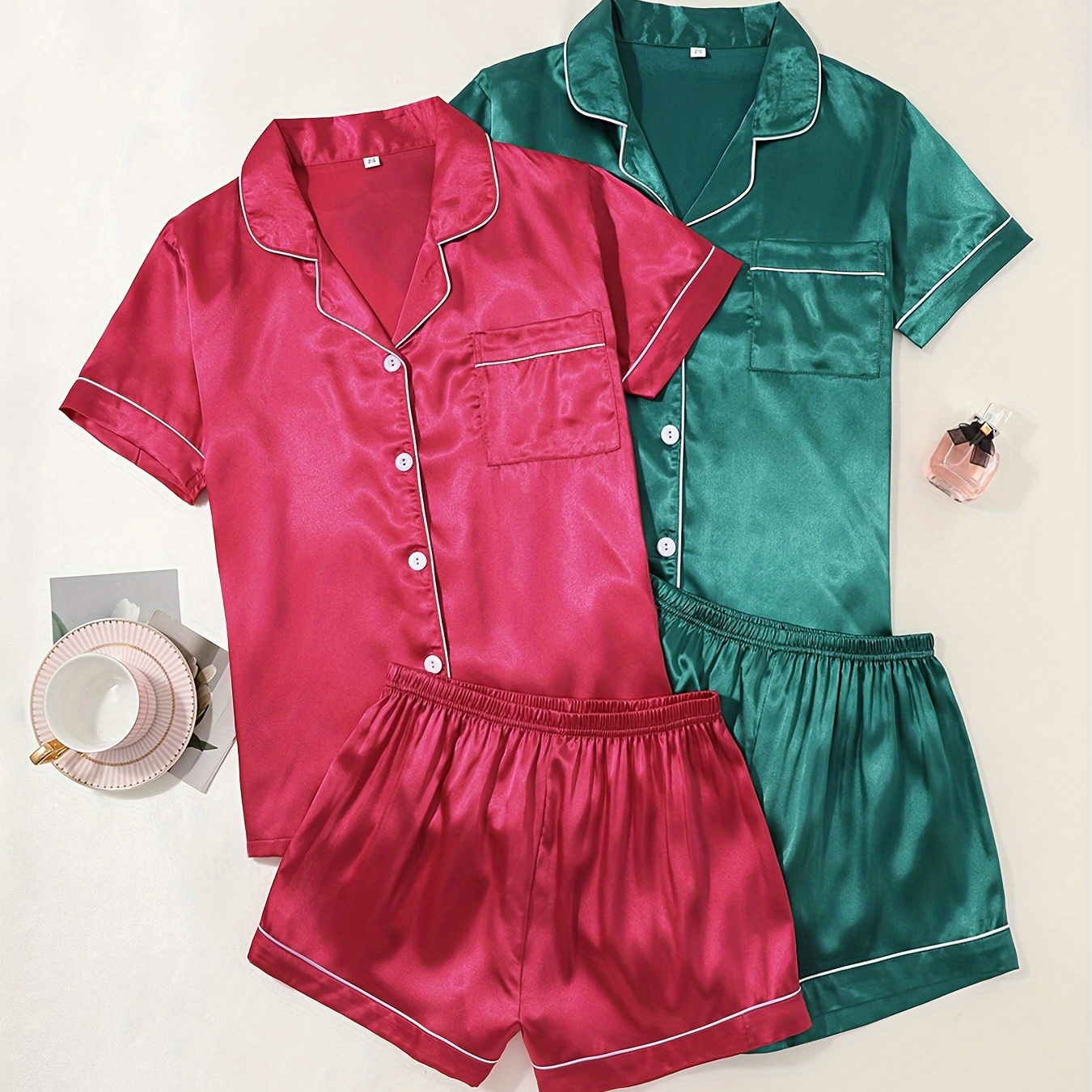 

2 Sets Solid Satin Pajama Set, Casual Short Sleeve Buttons Lapel Top & Elastic Shorts, Women's Sleepwear