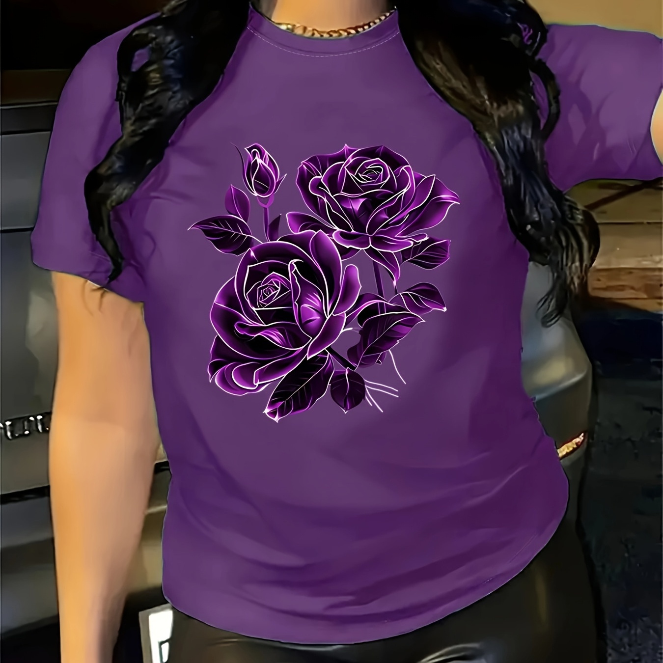 

Women's Casual Purple Rose Graphic T-shirt - Short Sleeve, Round Neck, Polyester, Machine Washable, Floral