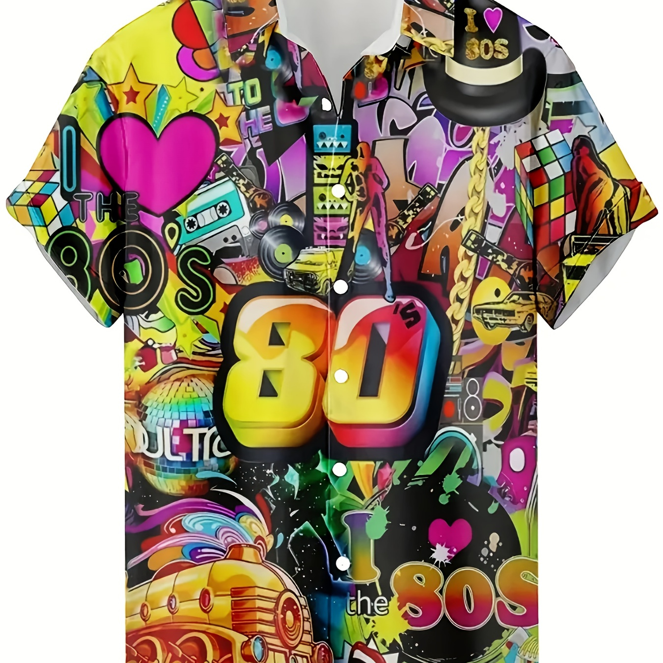 

Men's Retro 80's 3d Printed Casual Shirt - Short Sleeve, Regular Fit, Polyester, Summer Hip-hop Rock Streetwear, Hawaiian Style, Single Button Front