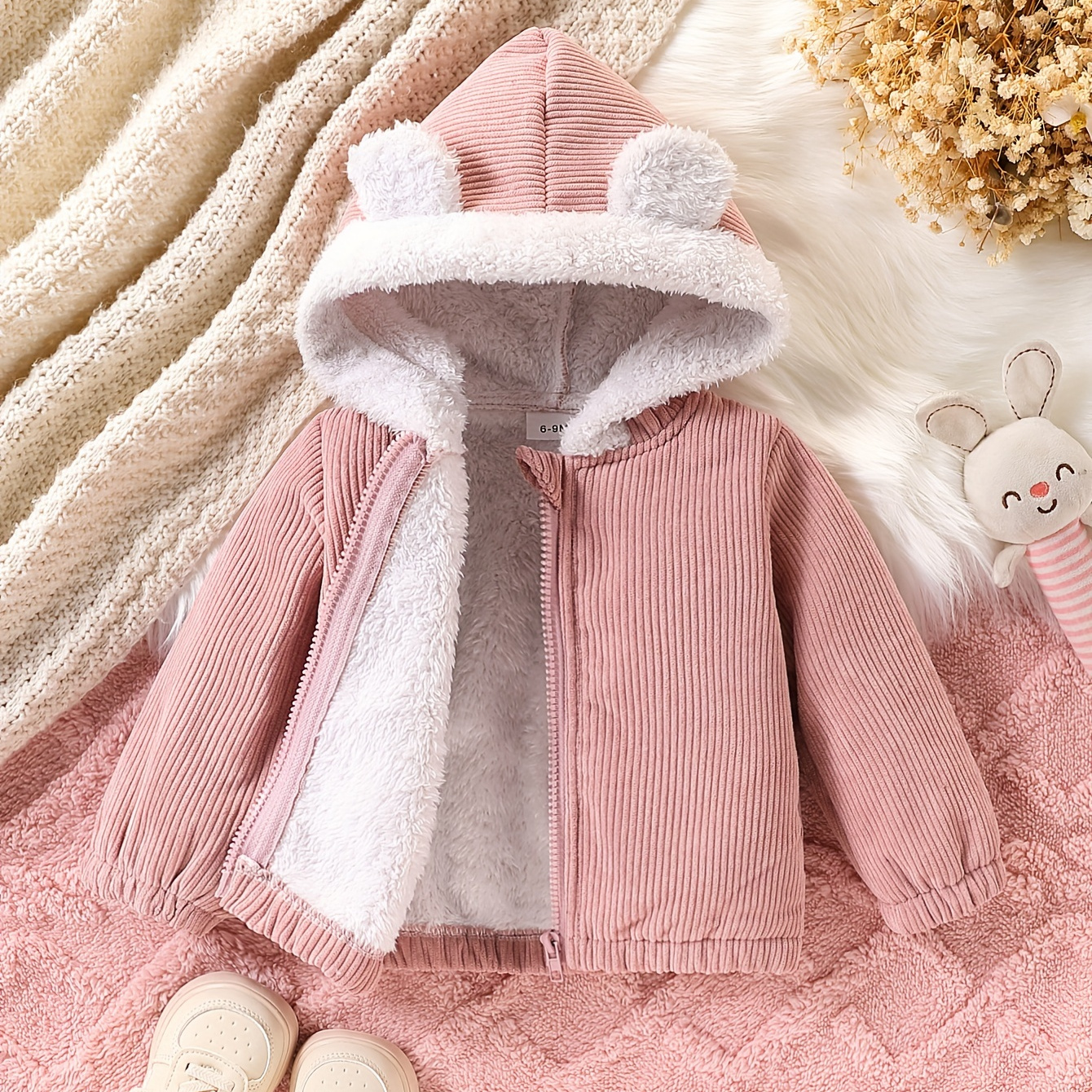 

Veste à capuche en velours côtelé doublée de polaire avec oreilles pour bébés filles JOPGEEY, fermeture éclair sur toute la longueur – Veste décontractée et chaude pour l'automne/l'hiver