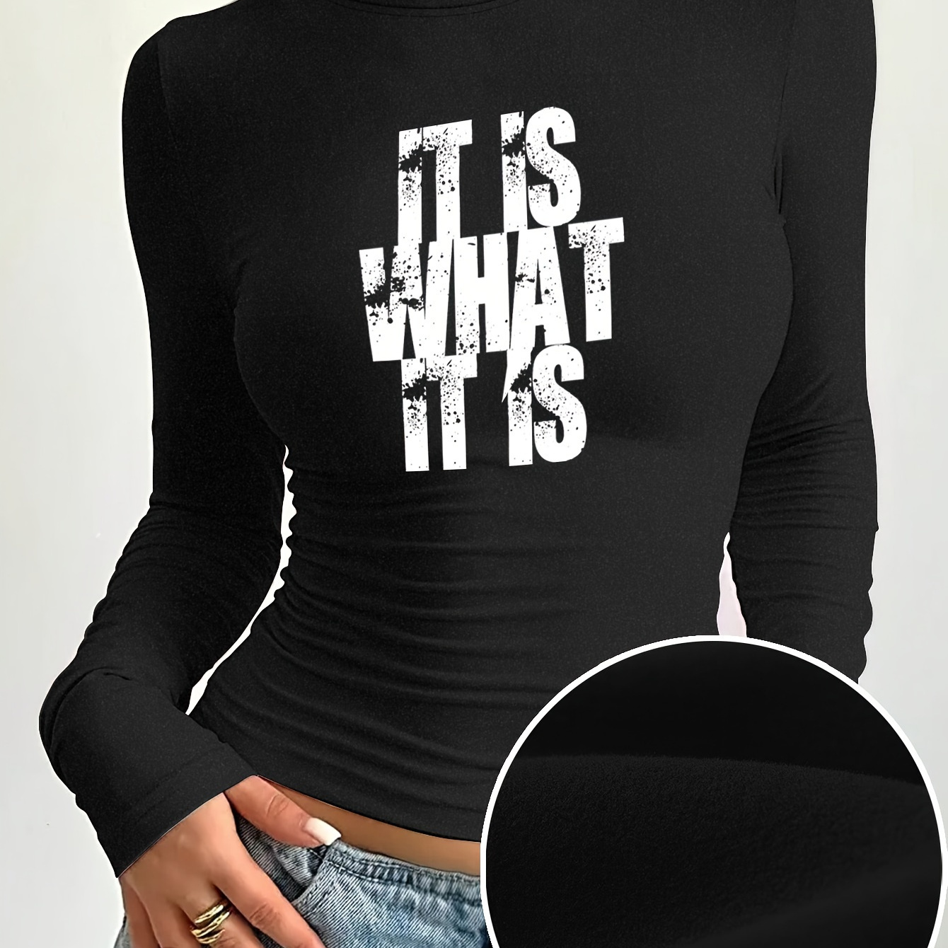 

Elegant Crew Neck Long Sleeve T-shirt With 'it Is What It Is' Print - Polyester & Spandex Blend, Medium Stretch Knit, Applique Detail, Skinny Fit Pullover For Fall/winter