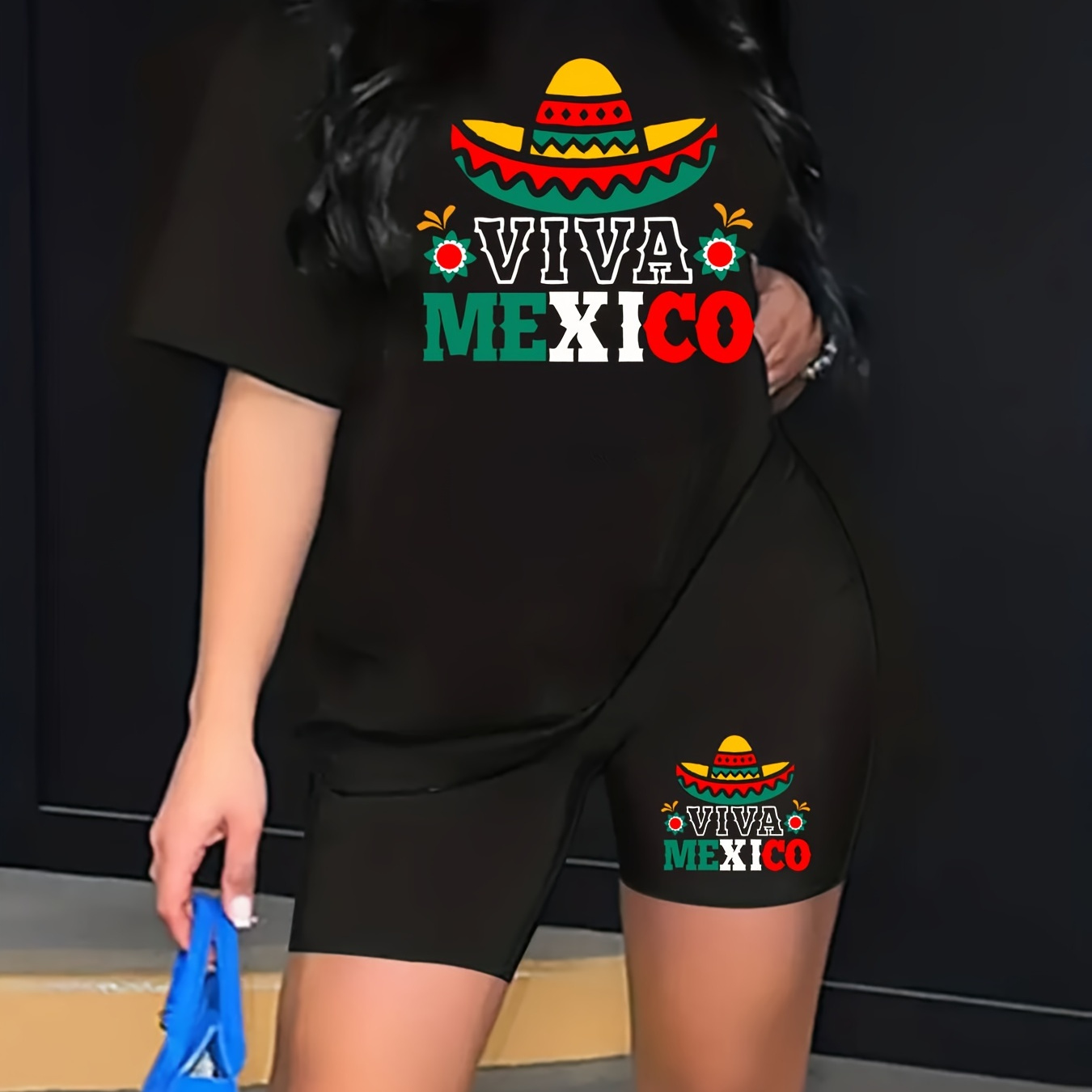 

Mexico Hat & Letter Print Two-piece Set, Casual Short Sleeve T-shirt & Biker Shorts Outfits, Women's Clothing