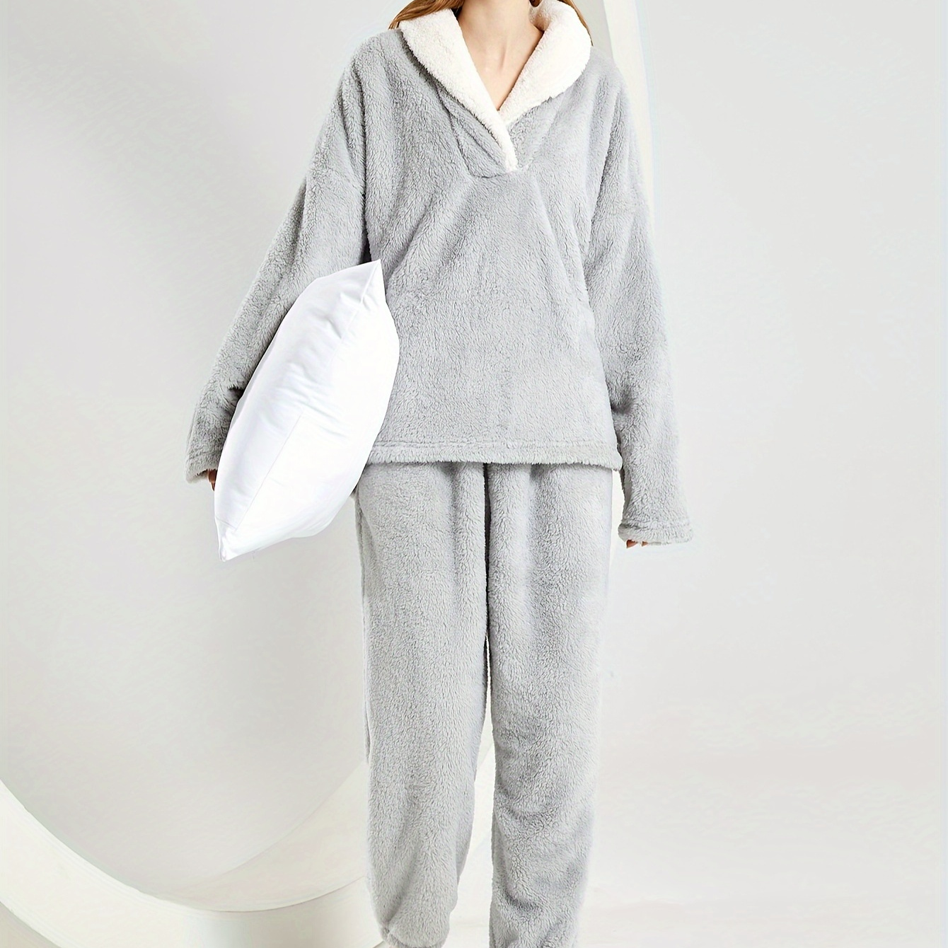 

Solid Fuzzy Pajama Set, Long Sleeve V Neck Top & Waistband Pants, Women's Sleepwear & Loungewear