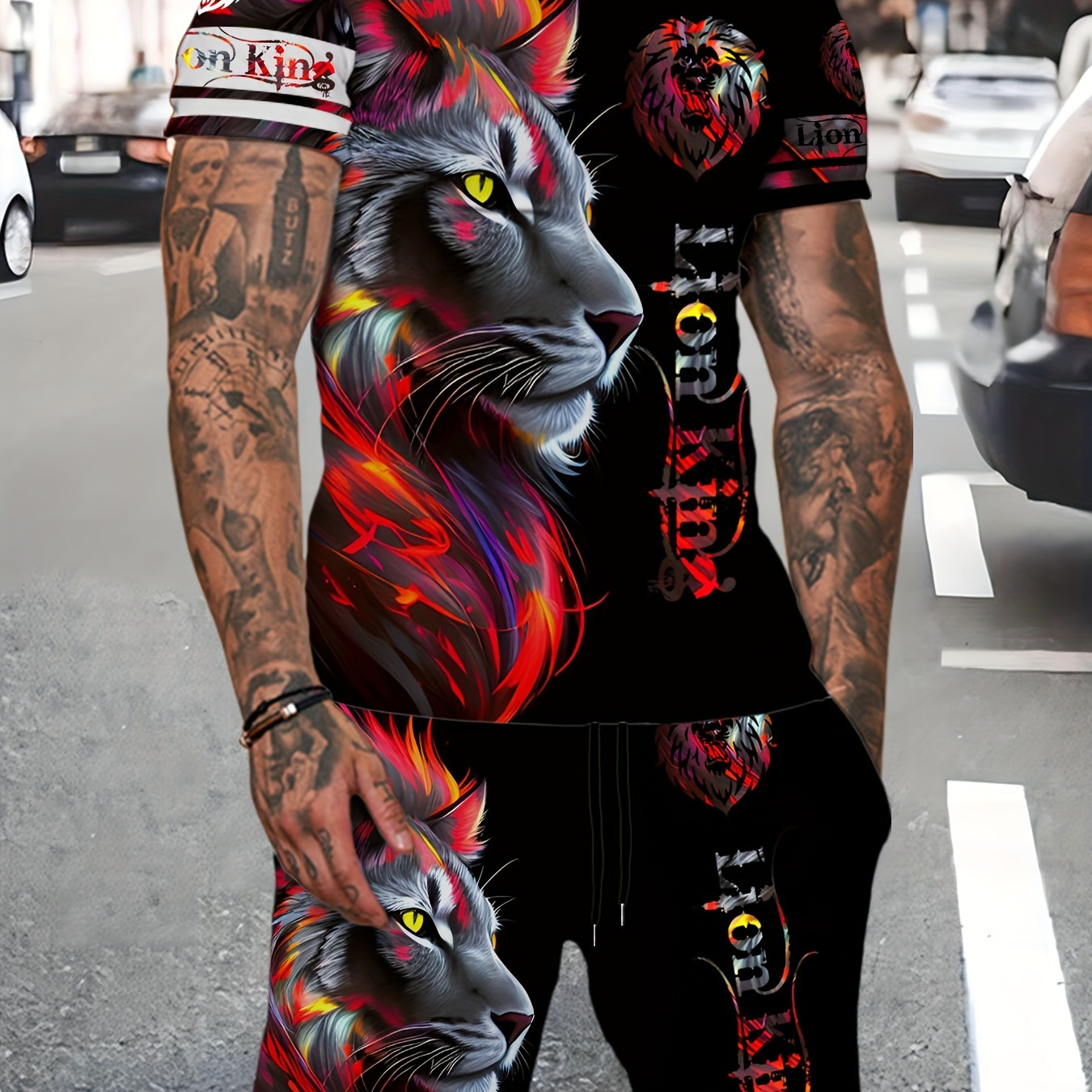 

2-piece Men's Fashion Lion And Letter Digital Print Outfit Set, Men's Short Sleeve T-shirt & Drawstring Shorts With Pockets For Summer Outdoor