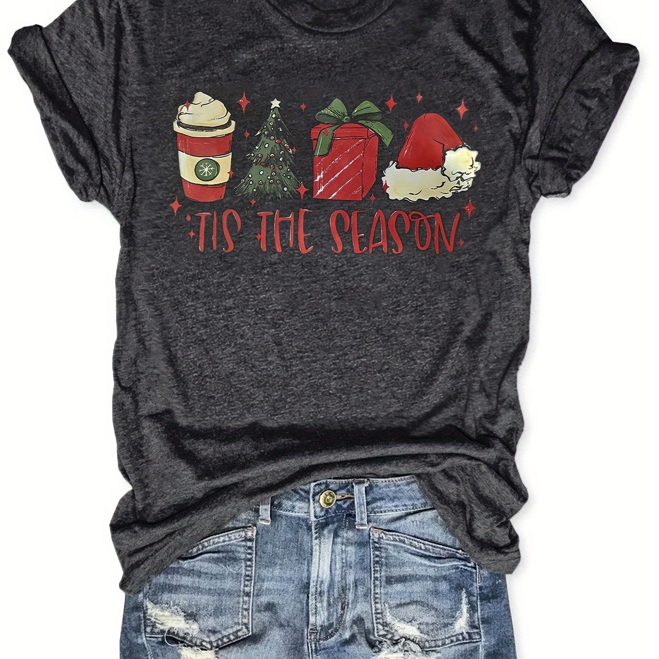 

Women's Christmas T-shirt - Casual Round Neck, Loose Fit With Holiday Prints Including Coffee Cups, Gift Boxes, And Santa Hats, Breathable Polyester , Machine Washable, Christmas Shirts