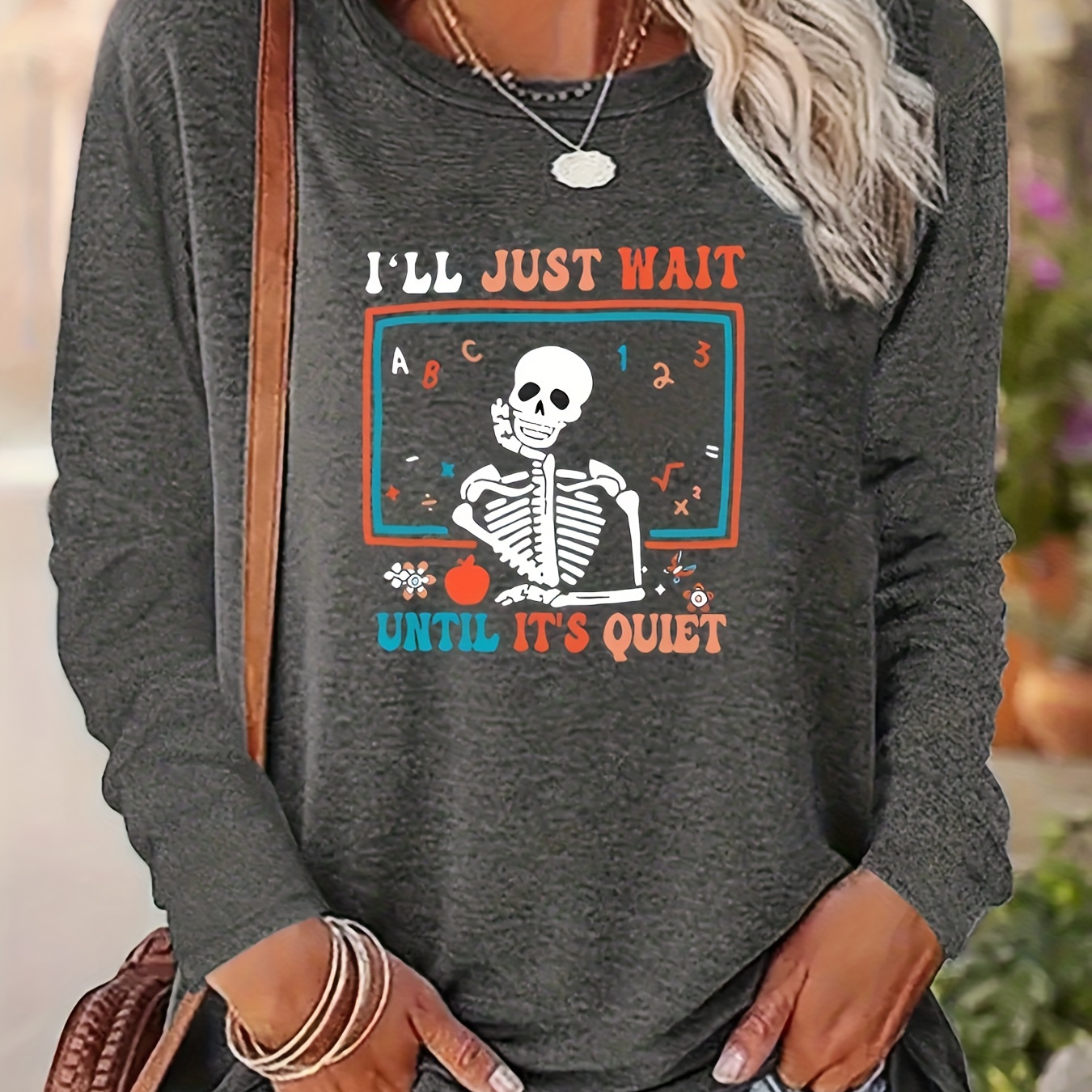 

Women's Casual Crew Neck Long Sleeve T-shirt With Skeleton Graphic And " Until It's Quiet" Slogan, Polyester Knit Fabric With Slight Stretch, Color Block Design - Suitable For All Seasons