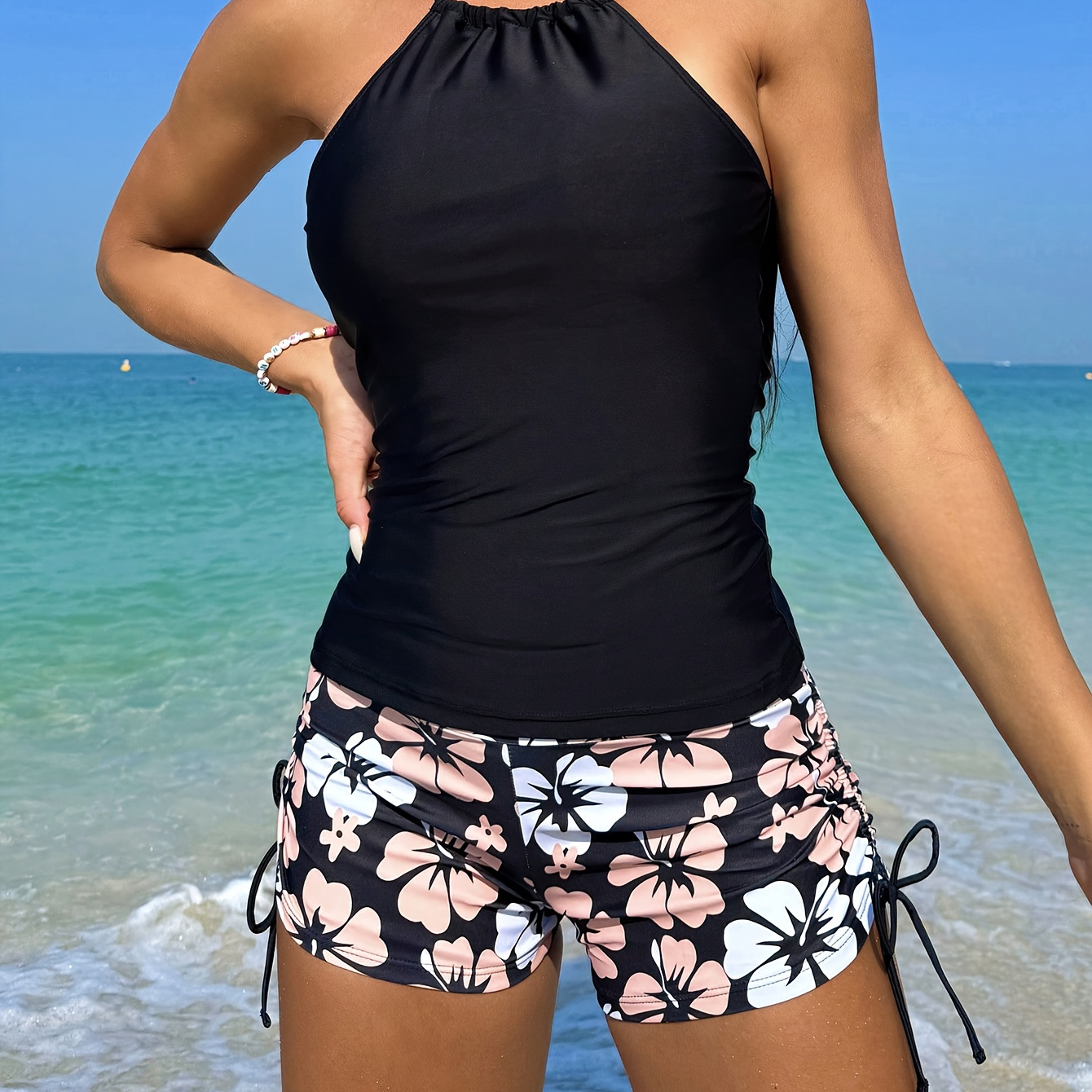 

Floral Pattern 2 Piece Set Tankini, Halter Neck Drawstring Tie Side Boxer Short Bottom Swimsuits, Women's Swimwear & Clothing