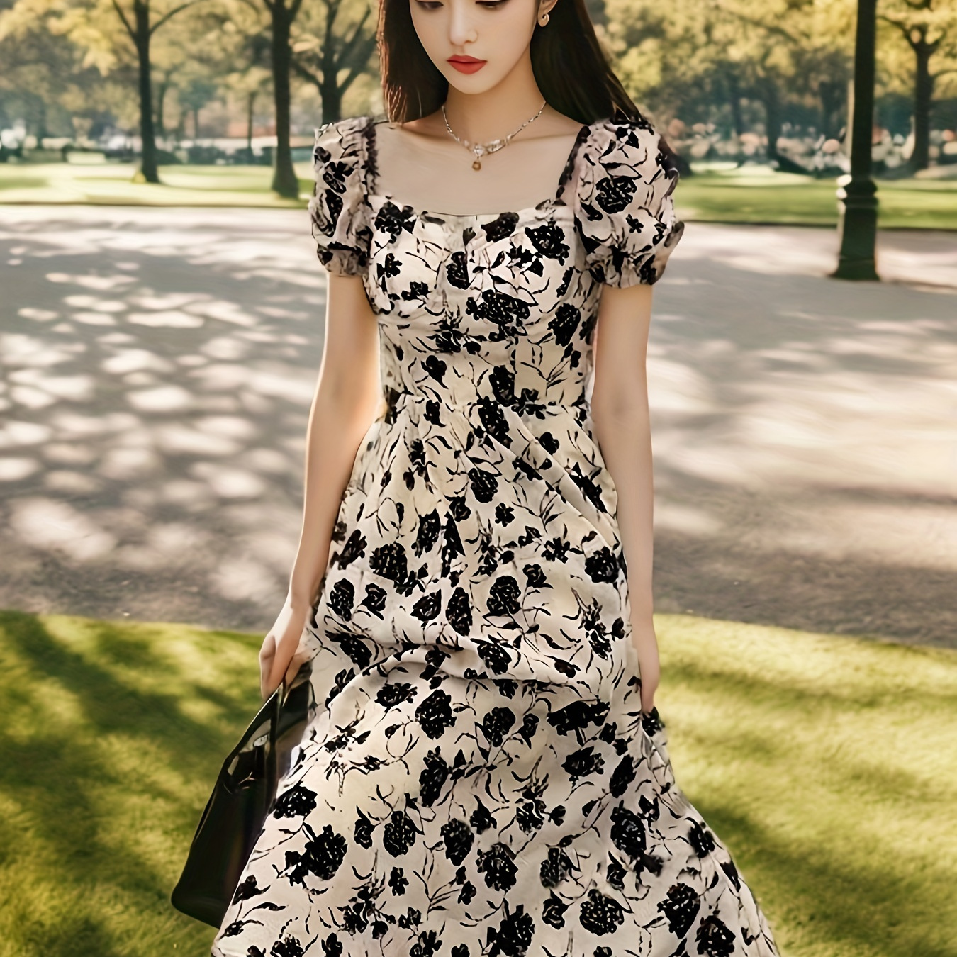 

Floral Print Square Neck Dress, Elegant Ruched Bust Short Sleeve Dress For Spring & Summer, Women's Clothing