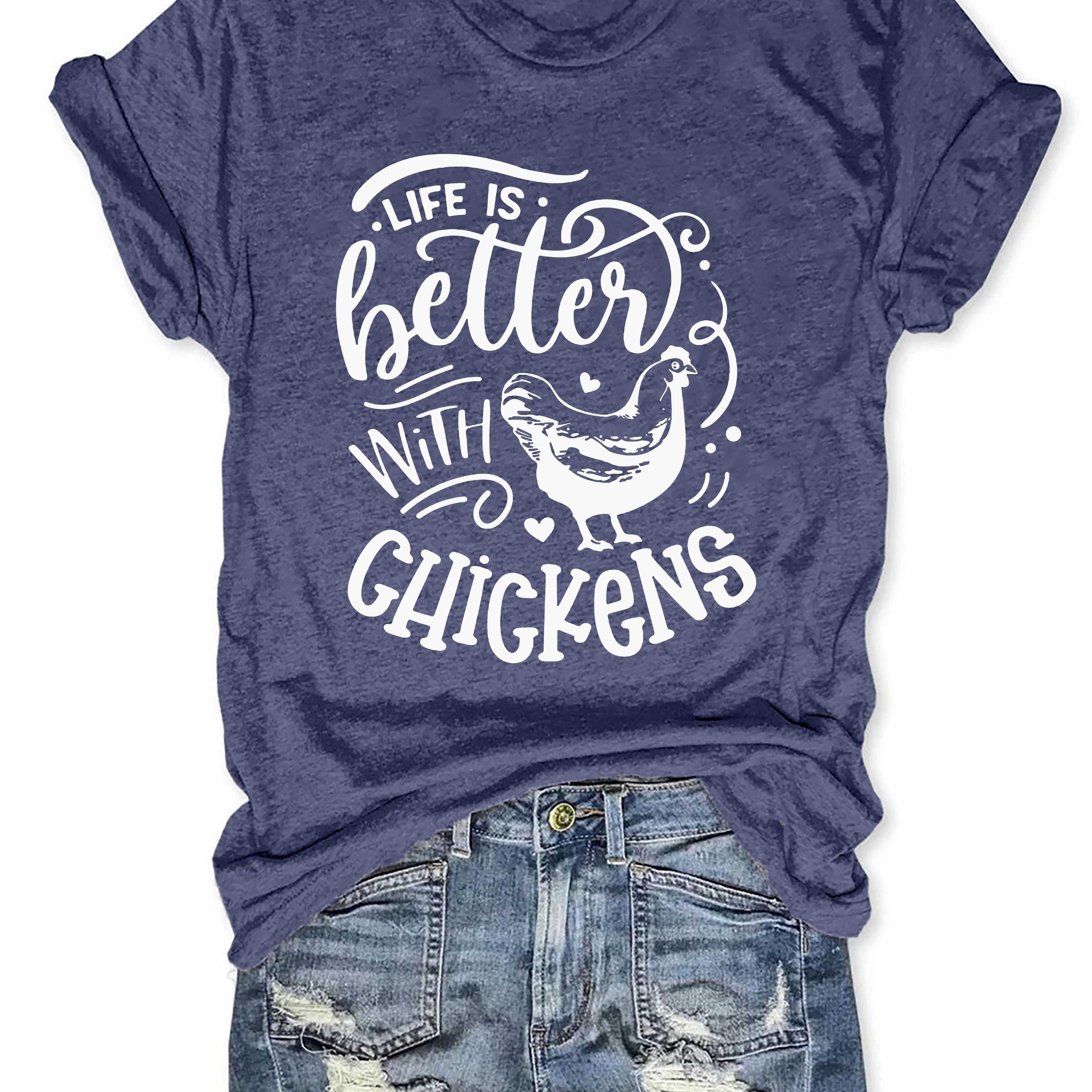 

Chicken & Heart Print T-shirt, Short Sleeve Crew Neck Casual Top For Summer & Spring, Women's Clothing