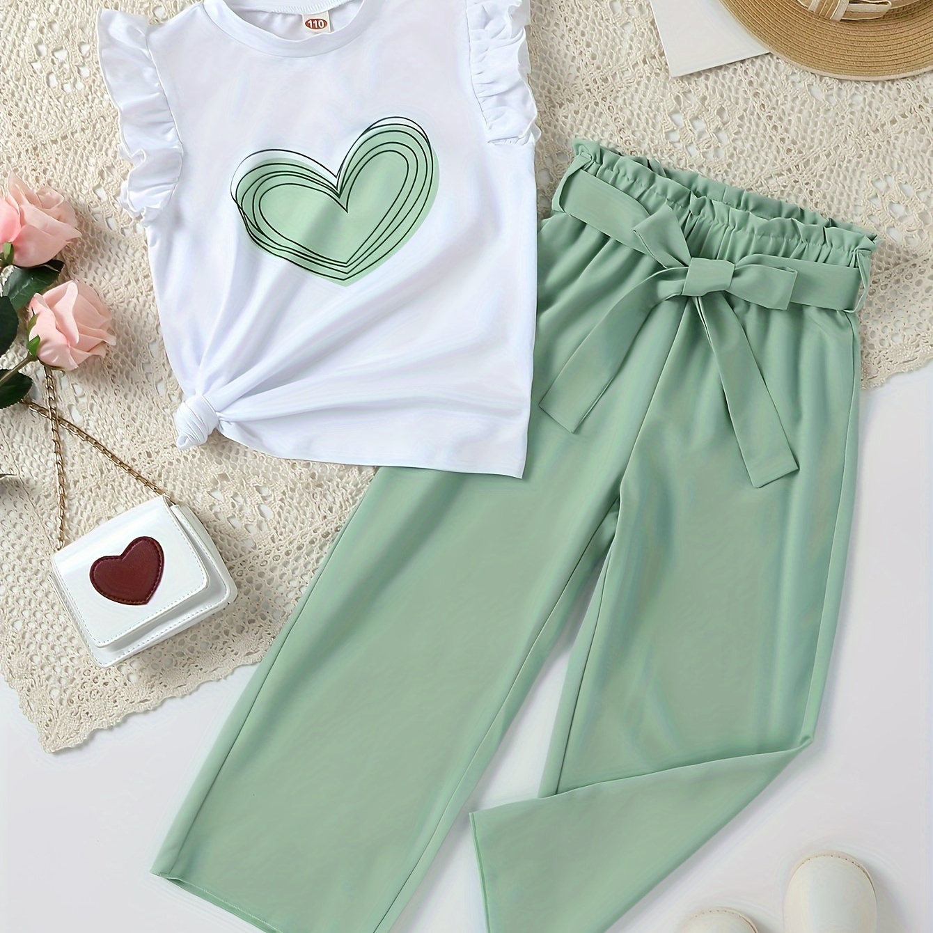 

Girls Fresh Green Heart Print Breathable Thin Sleeveless Top + Woven Pants Set