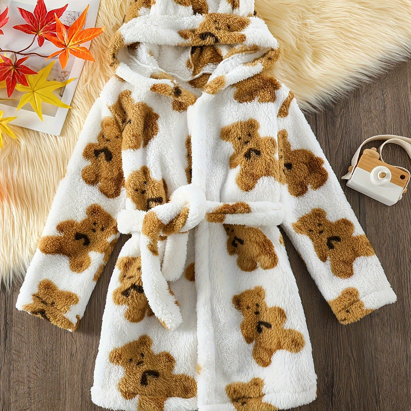 

Adorable Animal Ear & Bear Pattern Girl's Thickened Flannel Hooded Bathrobe - Warm & Comfy Sleep Robe With Belt For Daily Wearing