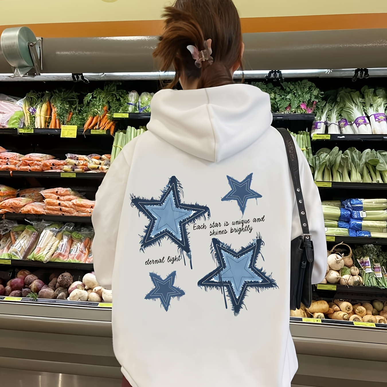 

Sweat à capuche imprimé avec motif étoilé créatif, sweat-shirt décontracté avec cordon de serrage, adapté à et , vêtements pour femmes.