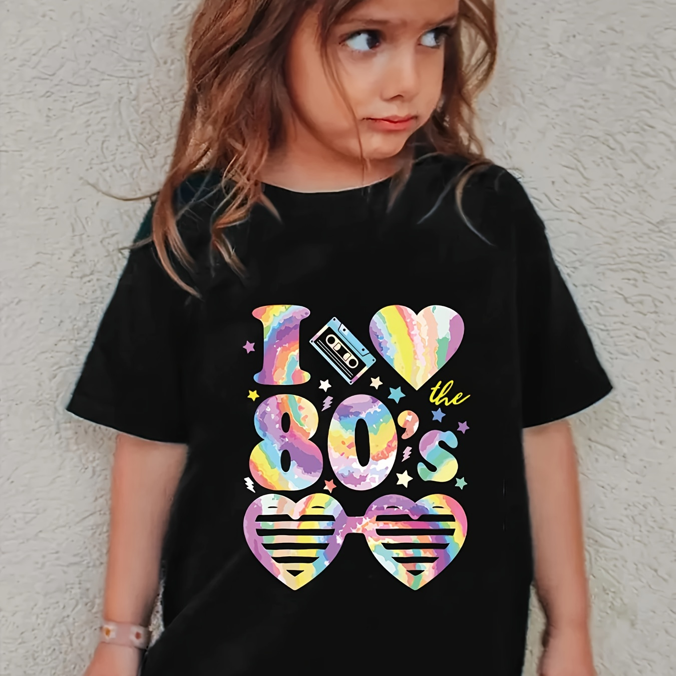 

I Love 80's & Cartoon Heart & Sunglasses Graphic Print Tee, Girls' Casual & Comfy Crew Neck Short Sleeve T-shirt For Spring & Summer, Girls' Clothes For Outdoor Activities