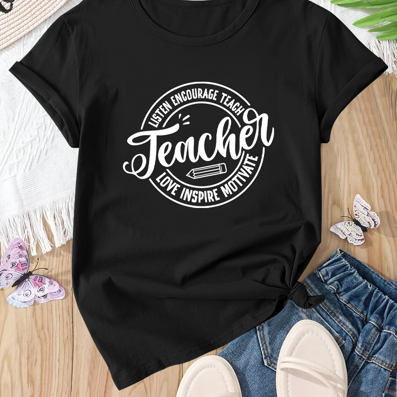 

Teacher's Day Print Round Neck Sports T-shirt, Short Sleeve Running Casual Top, Women's Activewear