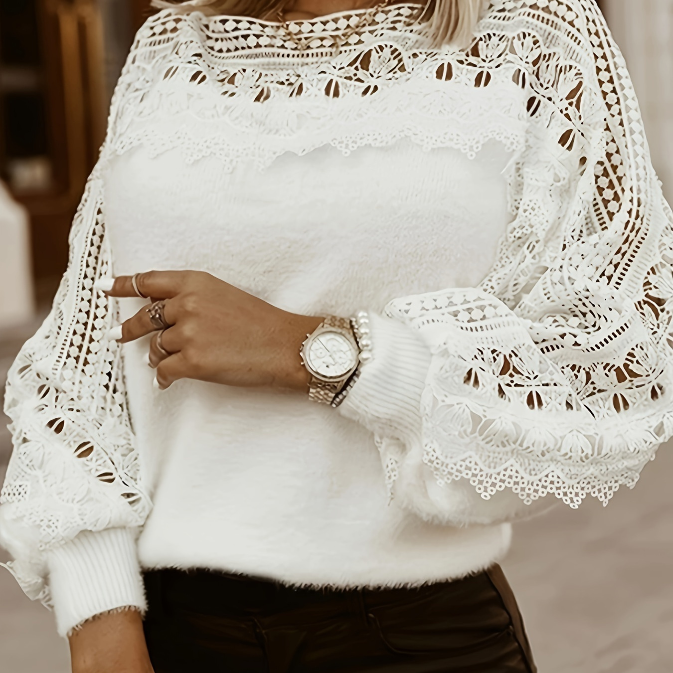 

Size Lace-trimmed Long Sleeve Knit Sweater - Crew Neck, Semi-sheer, Machine Washable - Spring & Fall