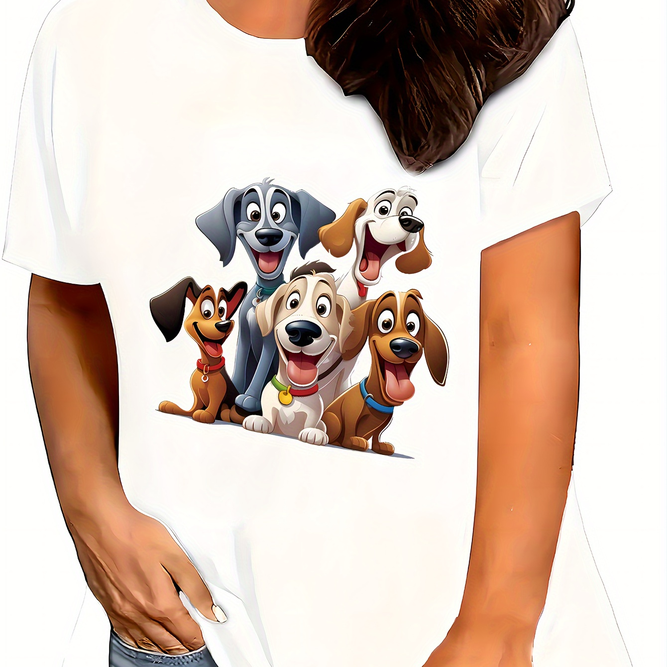 

T-shirt À Imprimé De Chien Cartoon Grande Taille, T-shirt Décontracté À Col Rond À Manches Courtes, Vêtements Grande Taille Pour Femmes