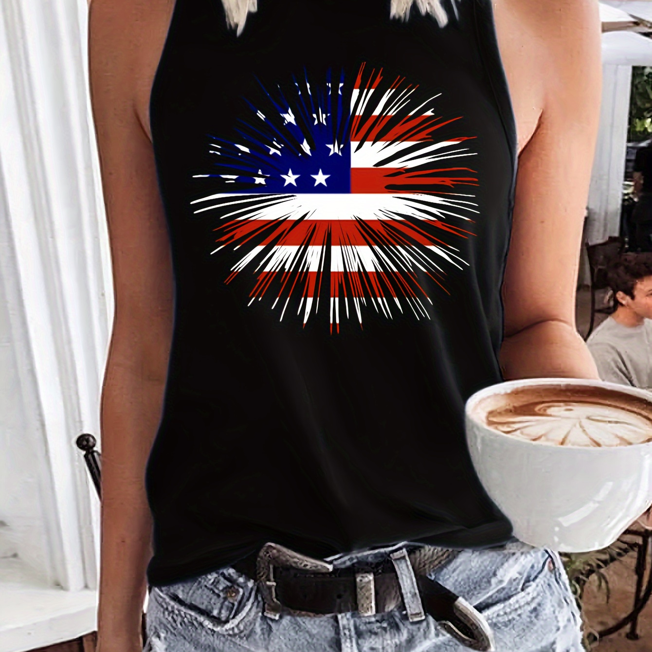 

Firework Print Crew Neck Tank Top, Sleeveless Casual Top For Summer & Spring, Women's Clothing