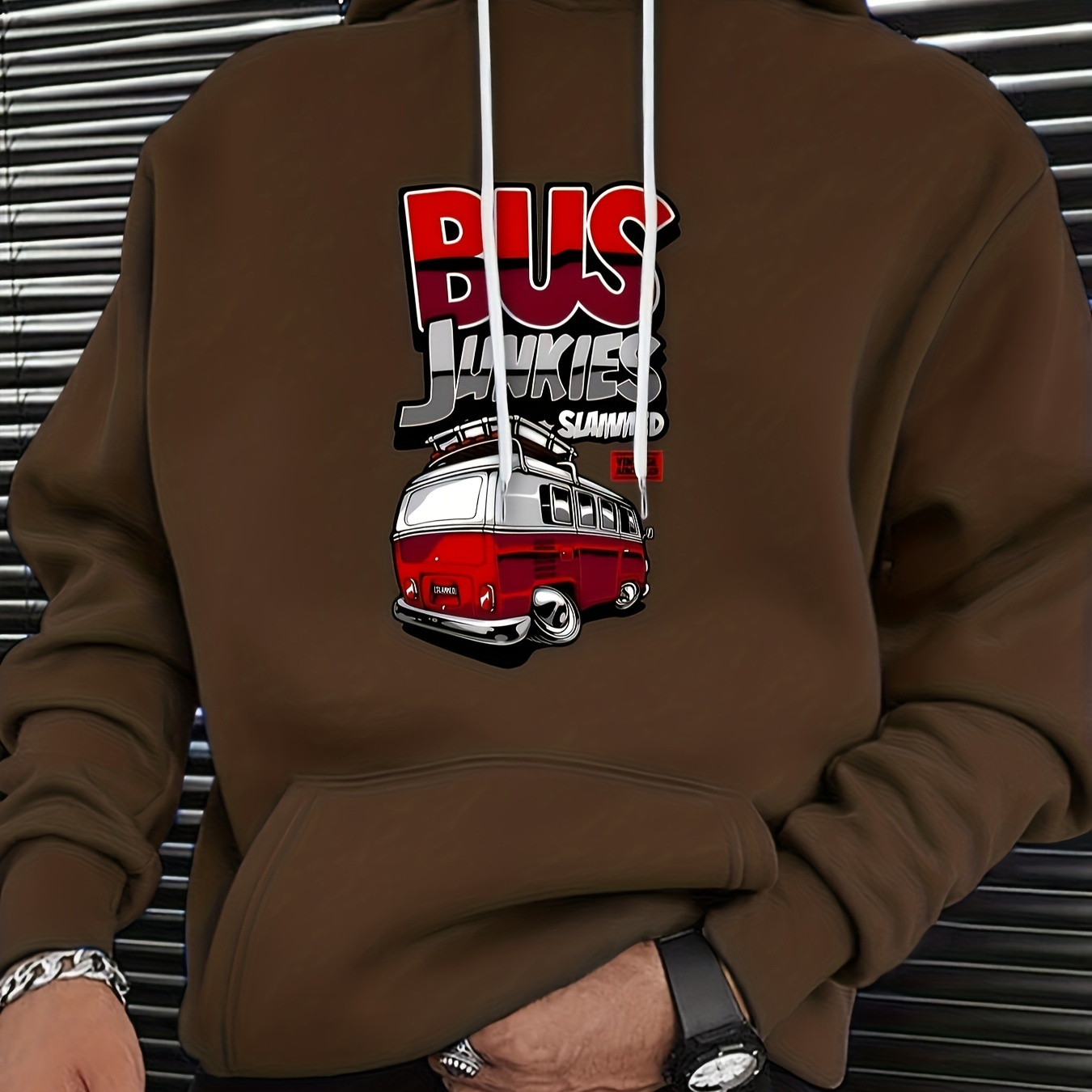 

Trendy Bus Print, Hoodies For Men, Graphic Sweatshirt With Kangaroo Pocket, Comfy Trendy Hooded Pullover, Mens Clothing For Fall Winter