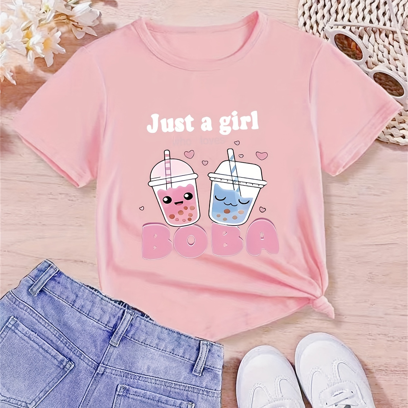 

Boba Milk Tea Graphic Print, Girls' Crew Neck Short Sleeve T-shirt, Casual And Comfy Summer Top