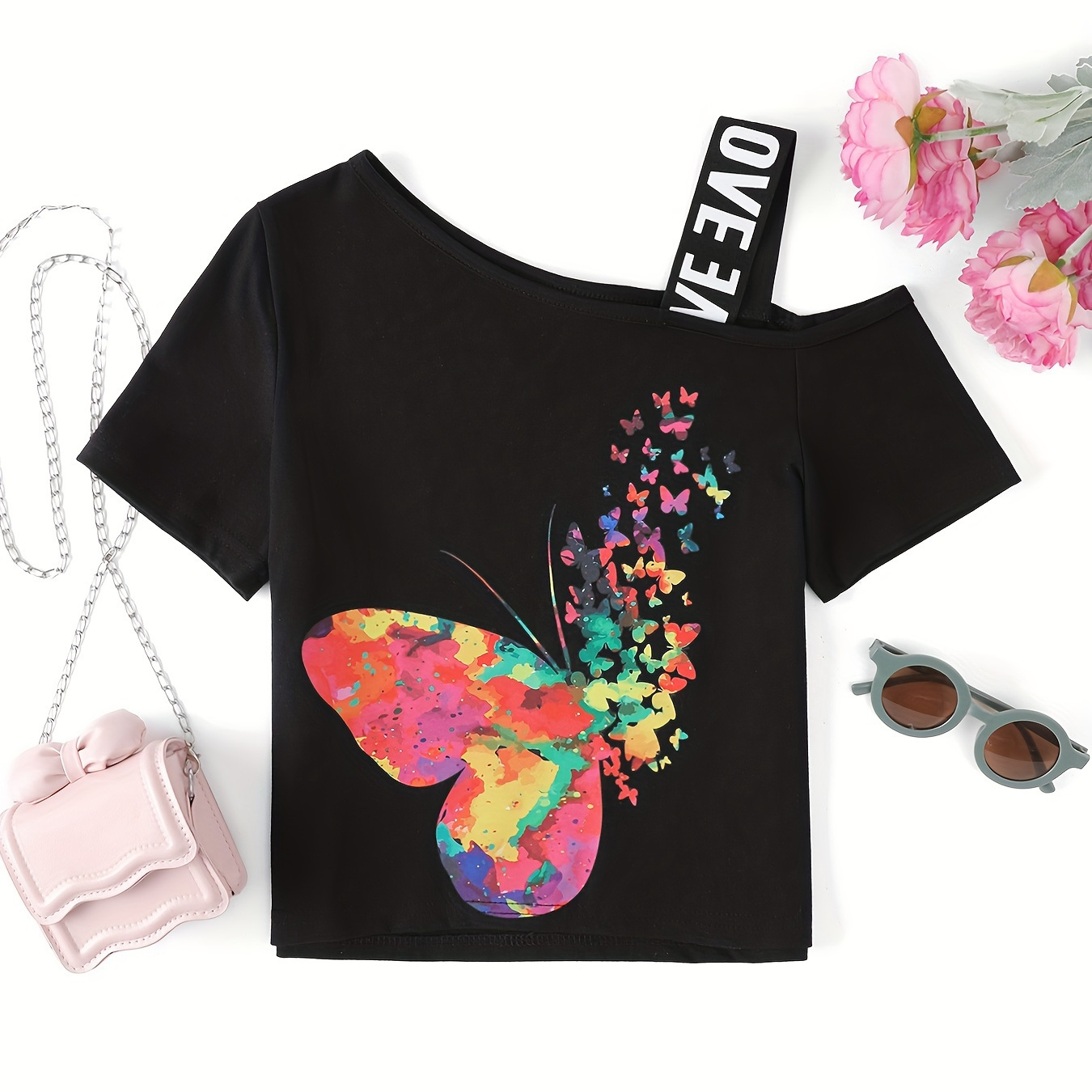 

100% Cotton Girls Stylish Short Sleeve T-shirt Creative Butterfly Pattern Print Tops Summer Clothes