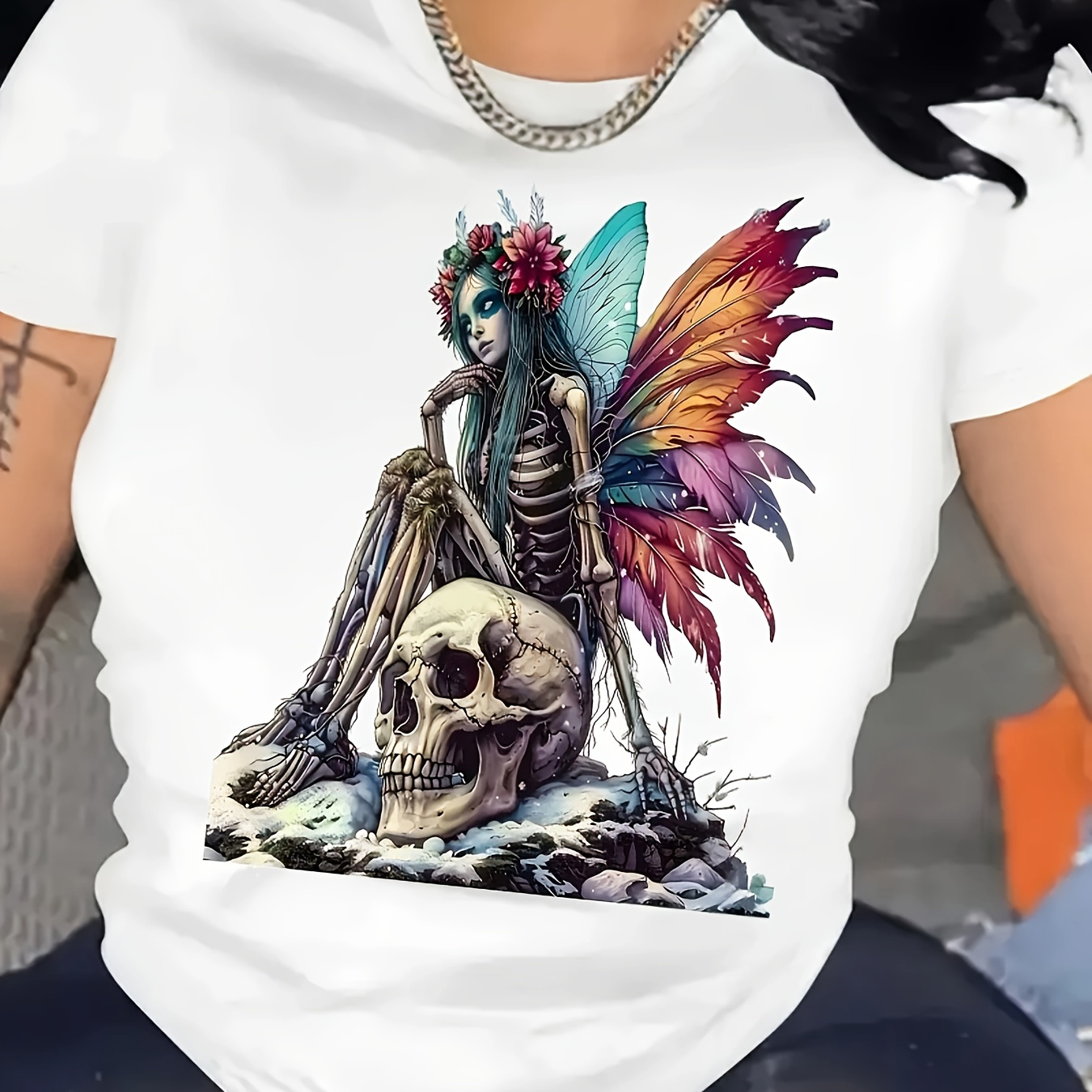 

Women's Casual Crew Neck T-shirt With Vibrant Butterfly Winged Skull Print, Polyester & Spandex Blend, Knit Fabric Animal Pattern, Regular Length - Wear