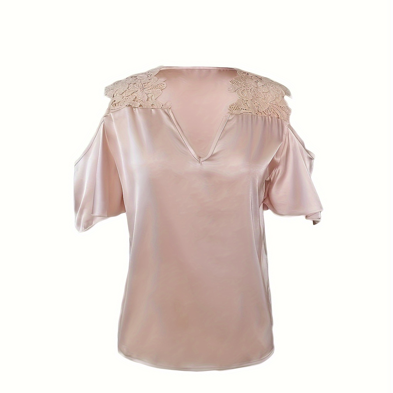 

Contrast Lace Cold Shoulder Blouse, Elegant Solid Short Sleeve Blouse For Spring & Summer, Women's Clothing