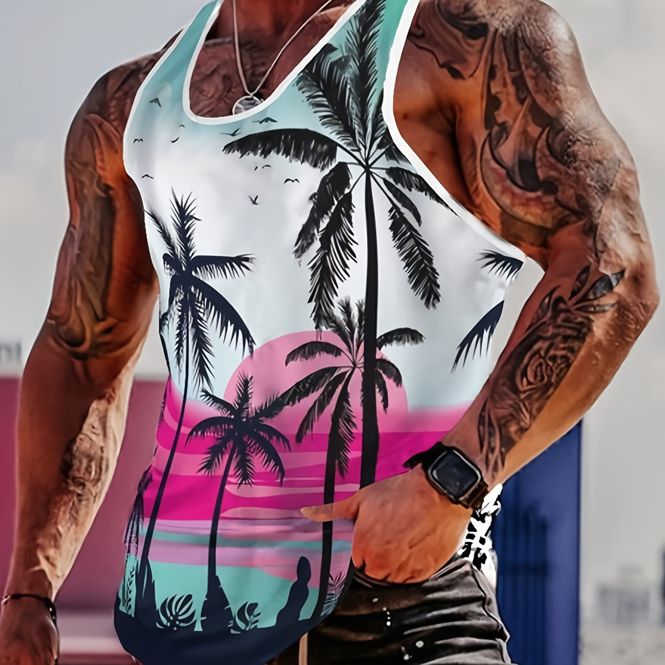 

Coconut Trees Pattern Men's Tank Top For Summer, Men's Breathable Lightweight Top For Outdoor Vacation Sports