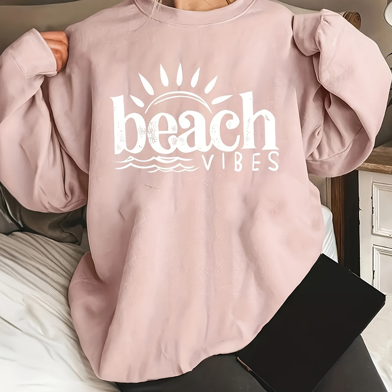 

Beach Vibes Print Sweatshirt, Casual Crew Neck Long Sleeve Sweatshirt, Women's Clothing