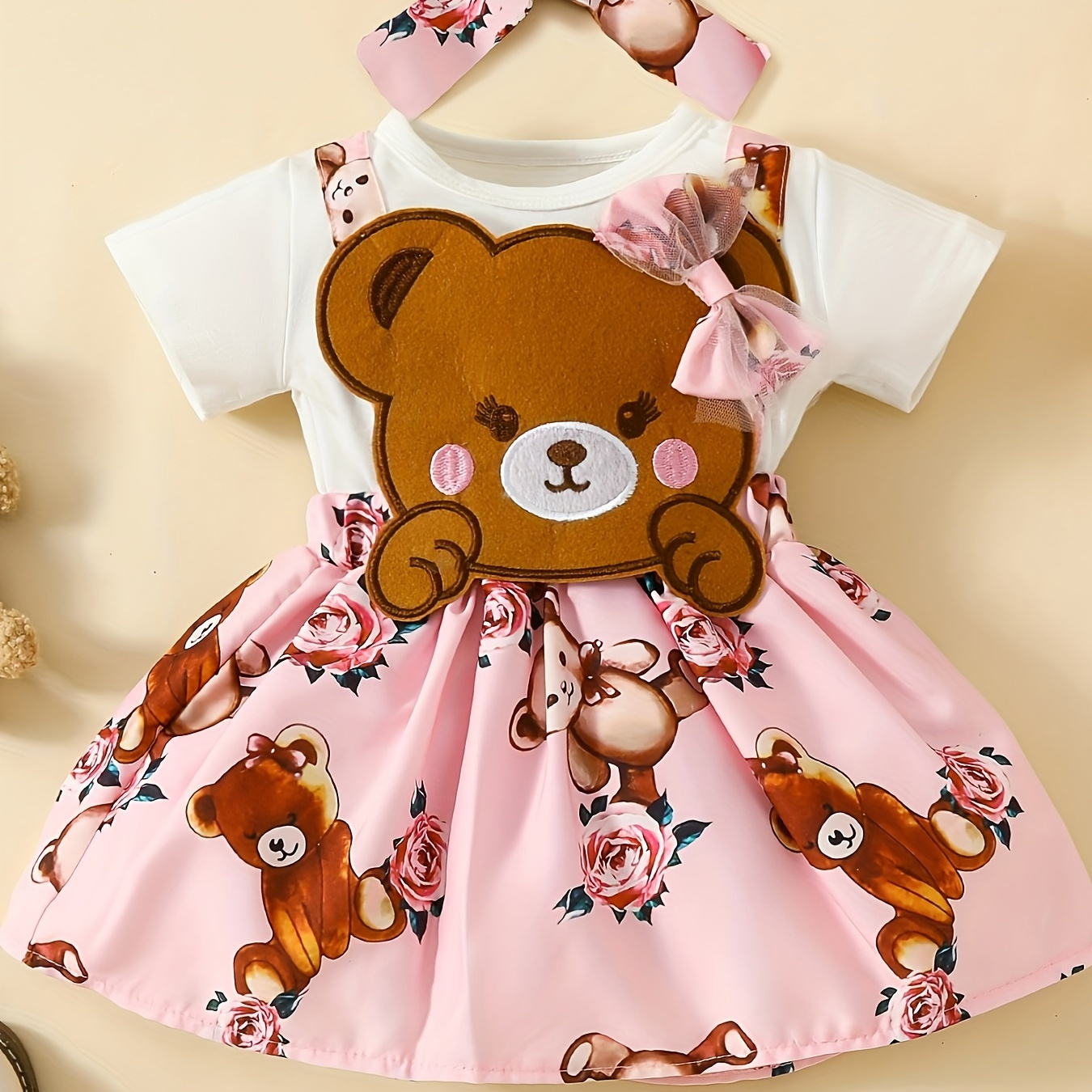 

Cute Cartoon Bear Baby Girl Short Sleeve Dress, Summer Short Sleeve Faux Strap Cute Bow Dress With Matching Headband Set