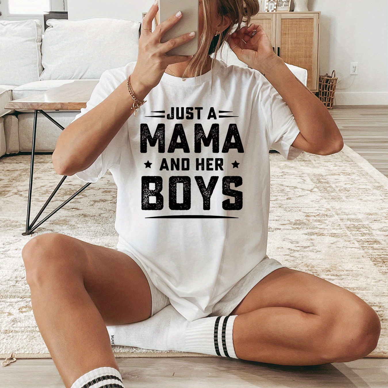 

Mama Boys Print T-shirt, Short Sleeve Crew Neck Casual Top For Summer & Spring, Women's Clothing
