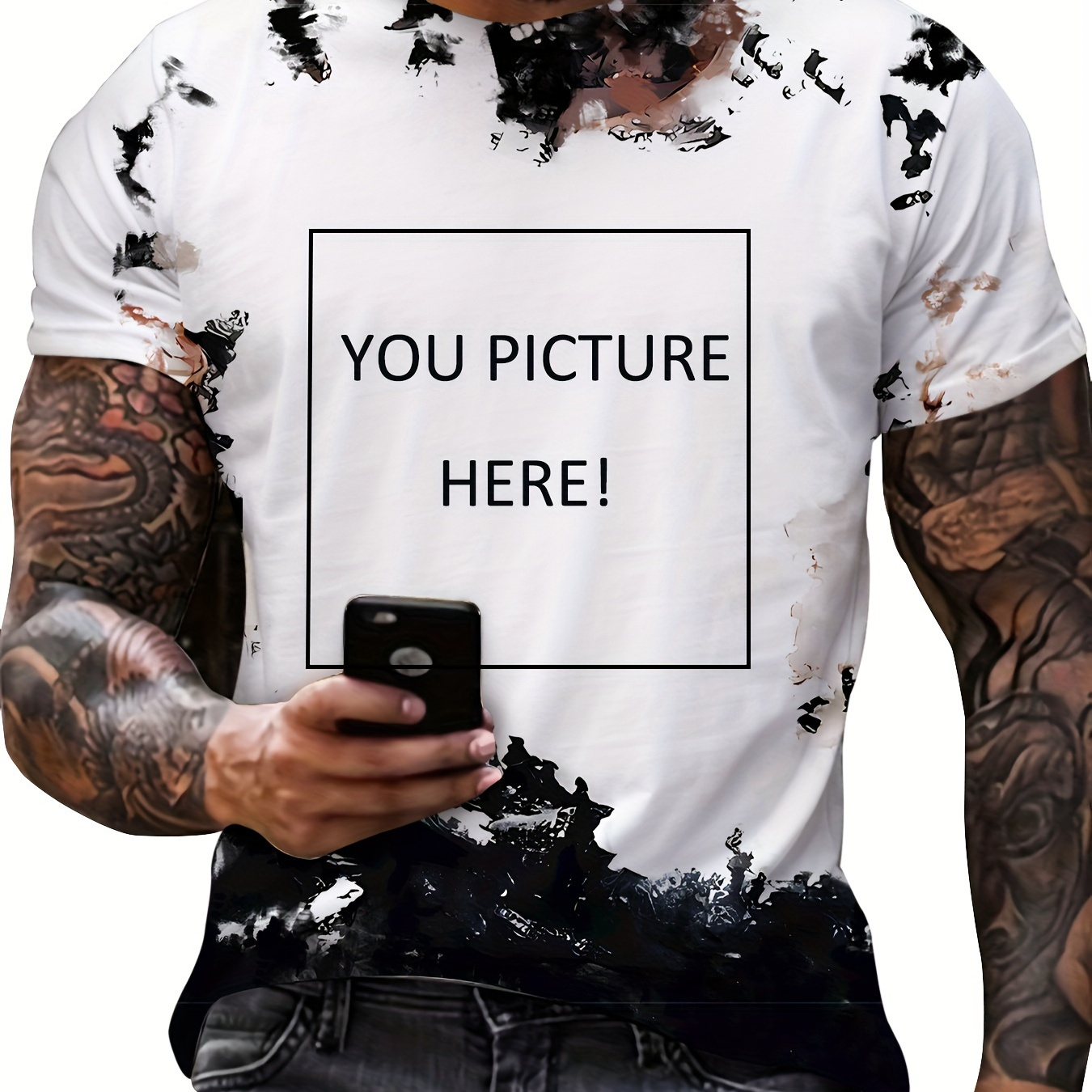 

Plus Size Men's Color Matching Front Custom T-shirt, Casual Short Sleeve Crew Neck Personalized Tee, Men's Clothing For Outdoor