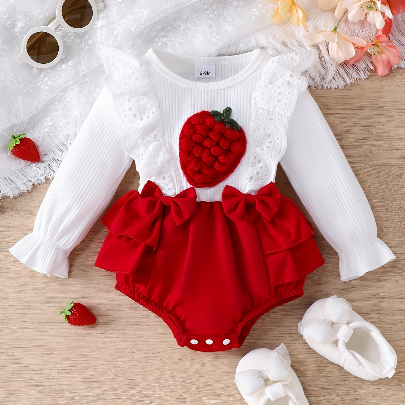 

Baby's Adorable Strawberry Crochet Long Sleeve Triangle Bodysuit, Toddler & Infant Girl's Onesie