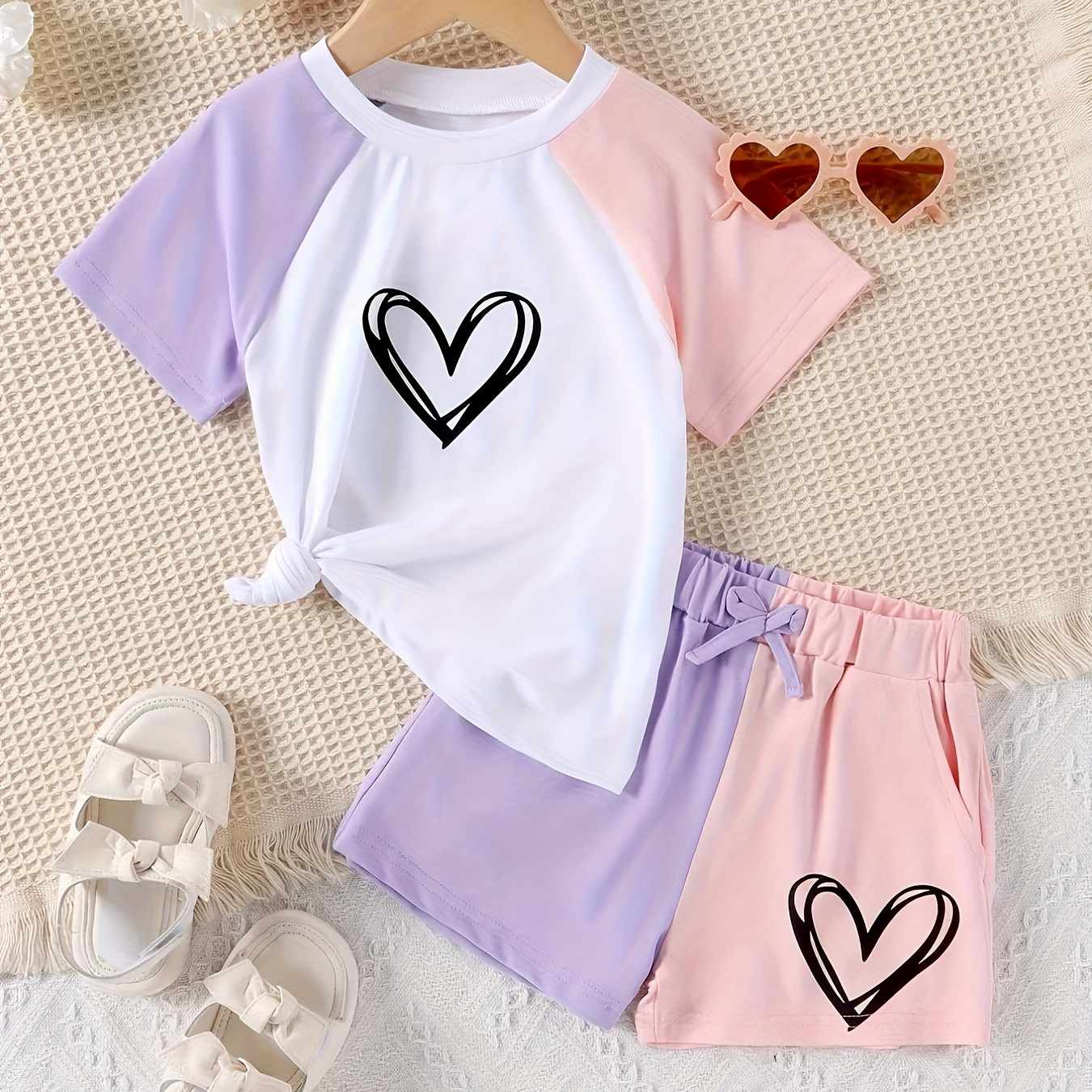 

2pcs Girls Splicing Heart Graphic Outfits Short Sleeve Top + Shorts Set Summer Clothes Valentine's Day Gift