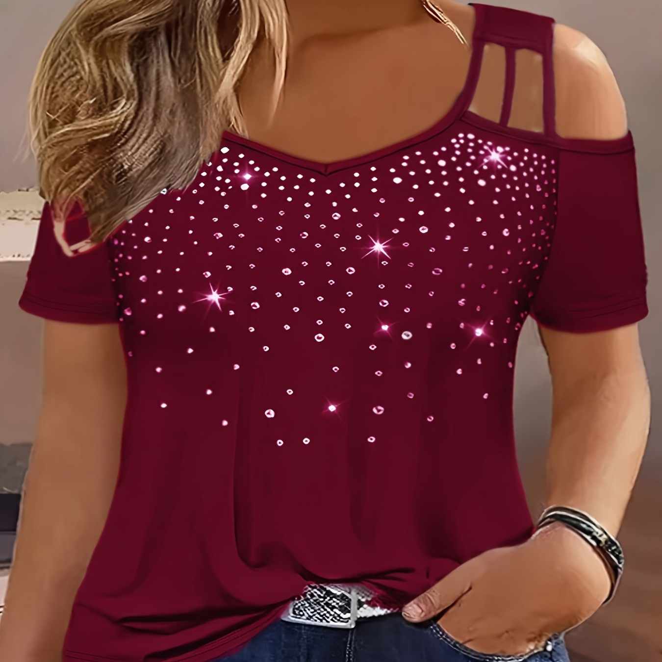 

Rhinestone Cold Shoulder T-shirt, Elegant Short Sleeve V-neck Top, Women's Clothing