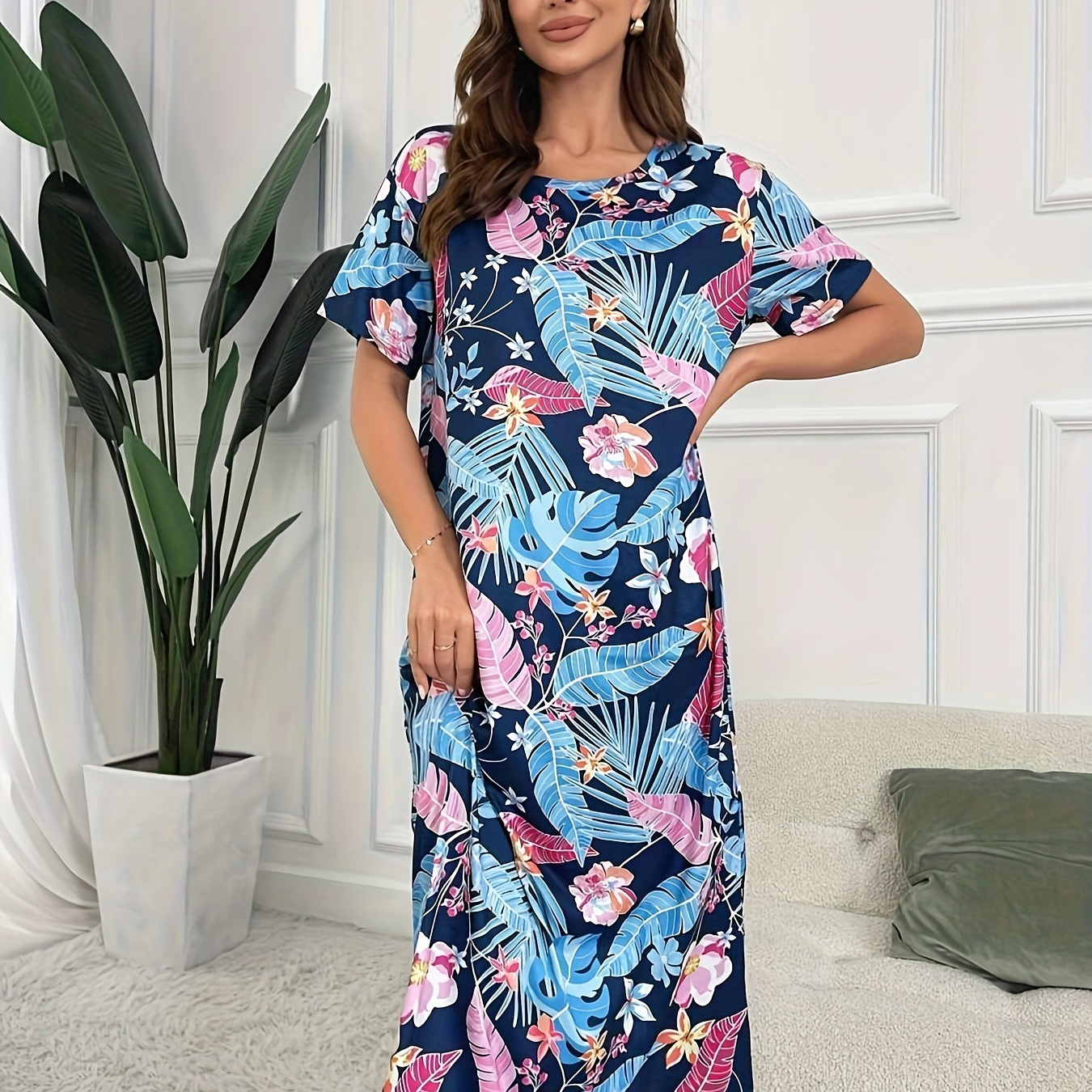 

Women's Tropical Print Casual Sleepwear Dress, Short Sleeve Round Neck Loose Fit Tee Dress, Comfortable Nightgown