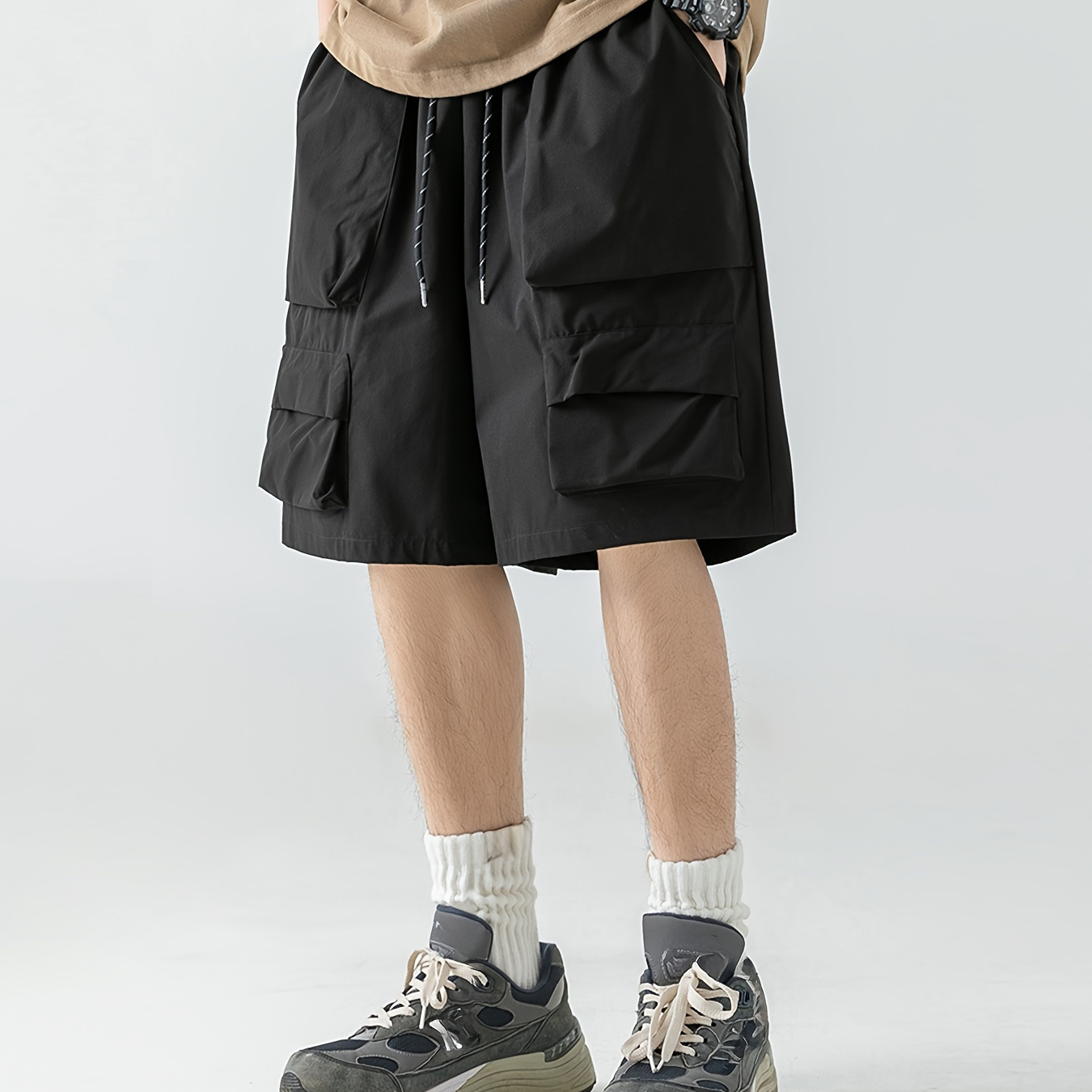 

Men's Solid Cargo Shorts With Multi Pockets, Casual Drawstring Shorts For Summer